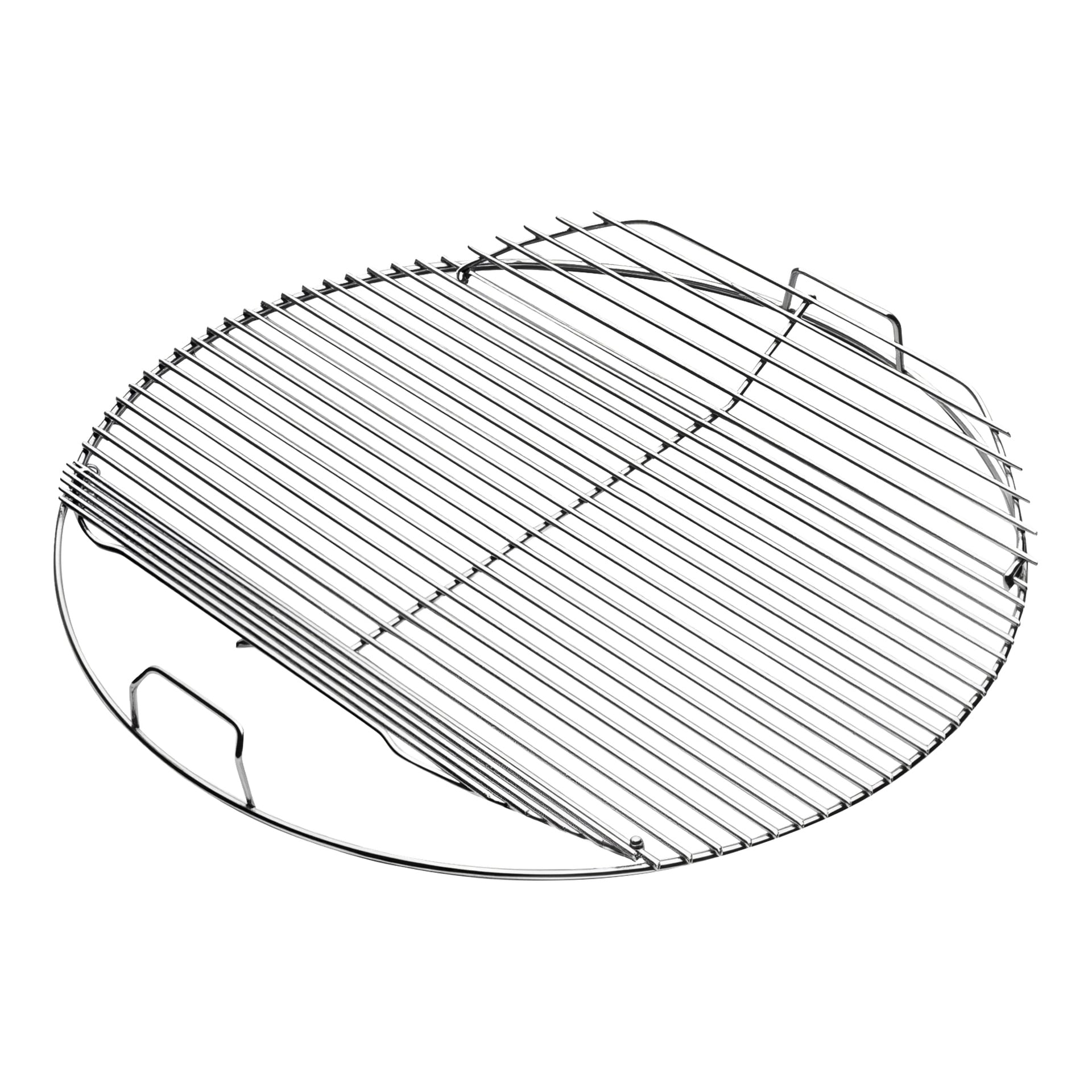 Ett cirkulärt metallgaller med parallella stänger och två sidohandtag, avsett för grillning eller grillning.