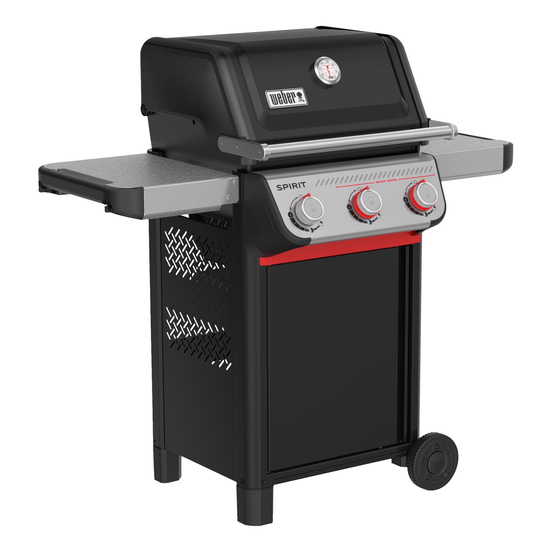 Czarno-srebrny grill gazowy z trzema pokrętłami, termometrem w pokrywie, półkami bocznymi, bocznymi otworami wentylacyjnymi oraz dwoma kółkami zapewniającymi mobilność.