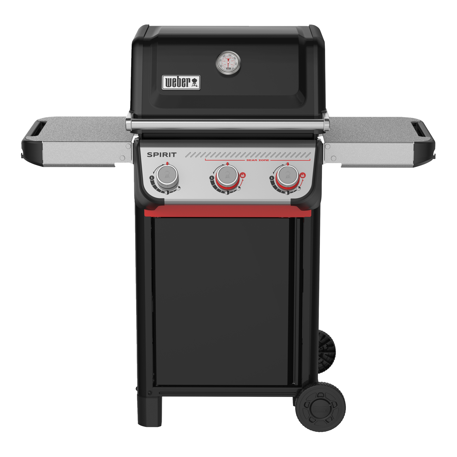 Czarno-srebrny grill gazowy Weber Spirit z trzema gałkami, wskaźnikiem temperatury pokrywy, podwójnymi półkami bocznymi i dwoma kołami podstawowymi.