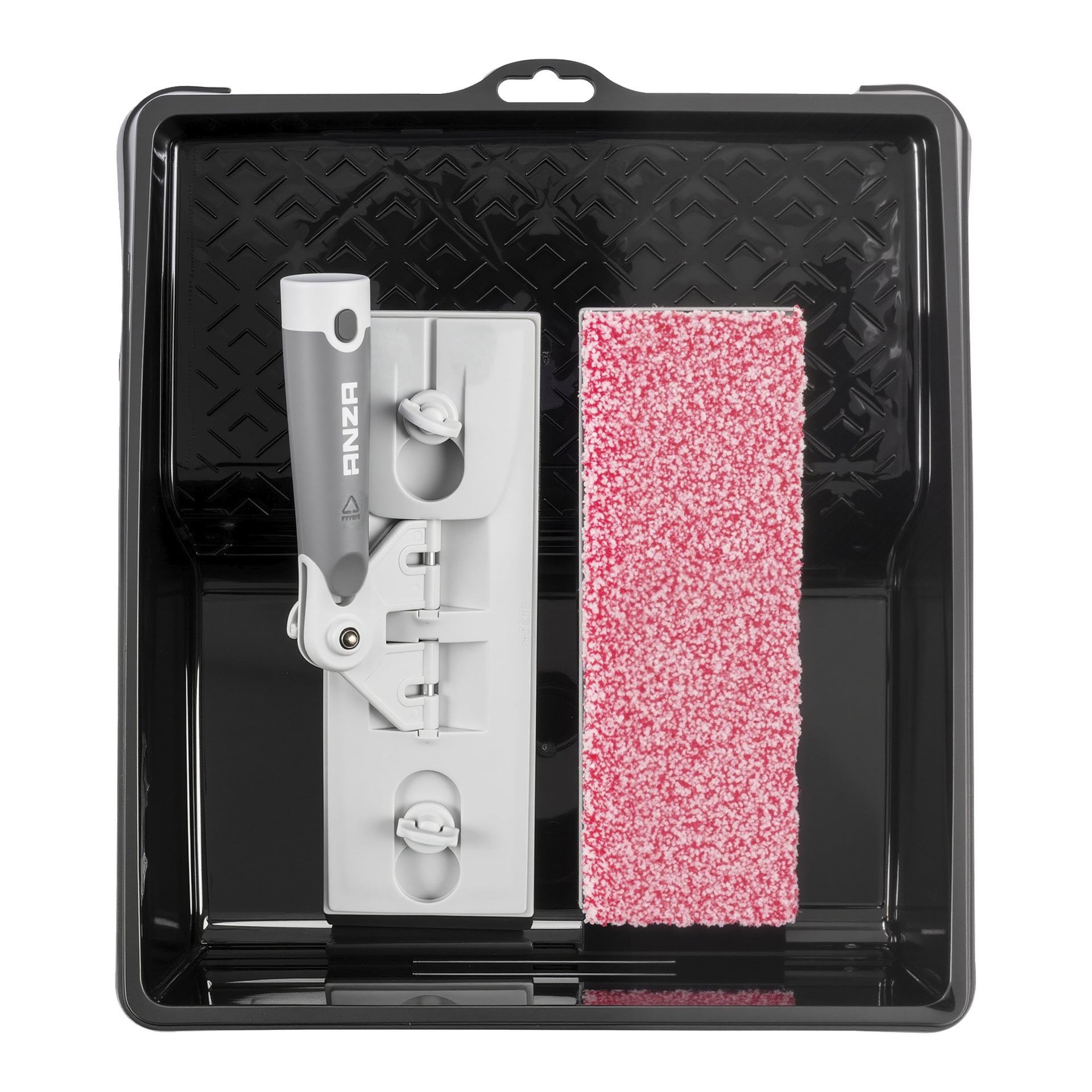 En svart bricka innehåller ett grått ANZA-verktyg med handtag och avtagbar rektangulär bit, tillsammans med en rosa och vit texturerad rullplatta.