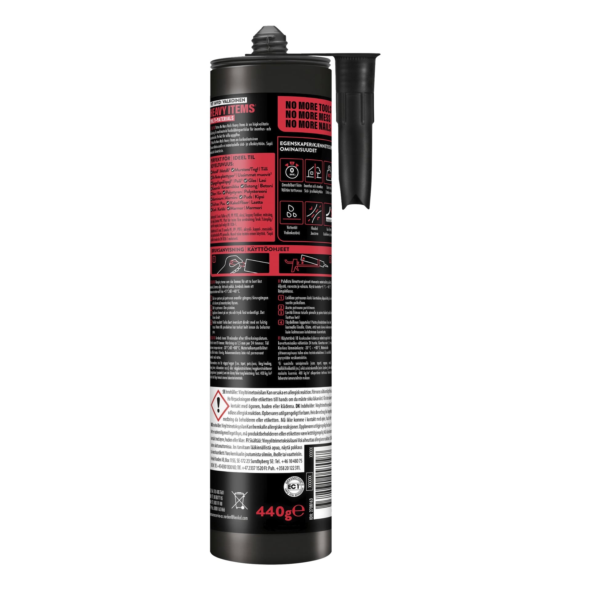 En 440g tub Pattex No More Nails High Tack-lim med svart munstycke. Röd och svart förpackning visar instruktioner och varningar.