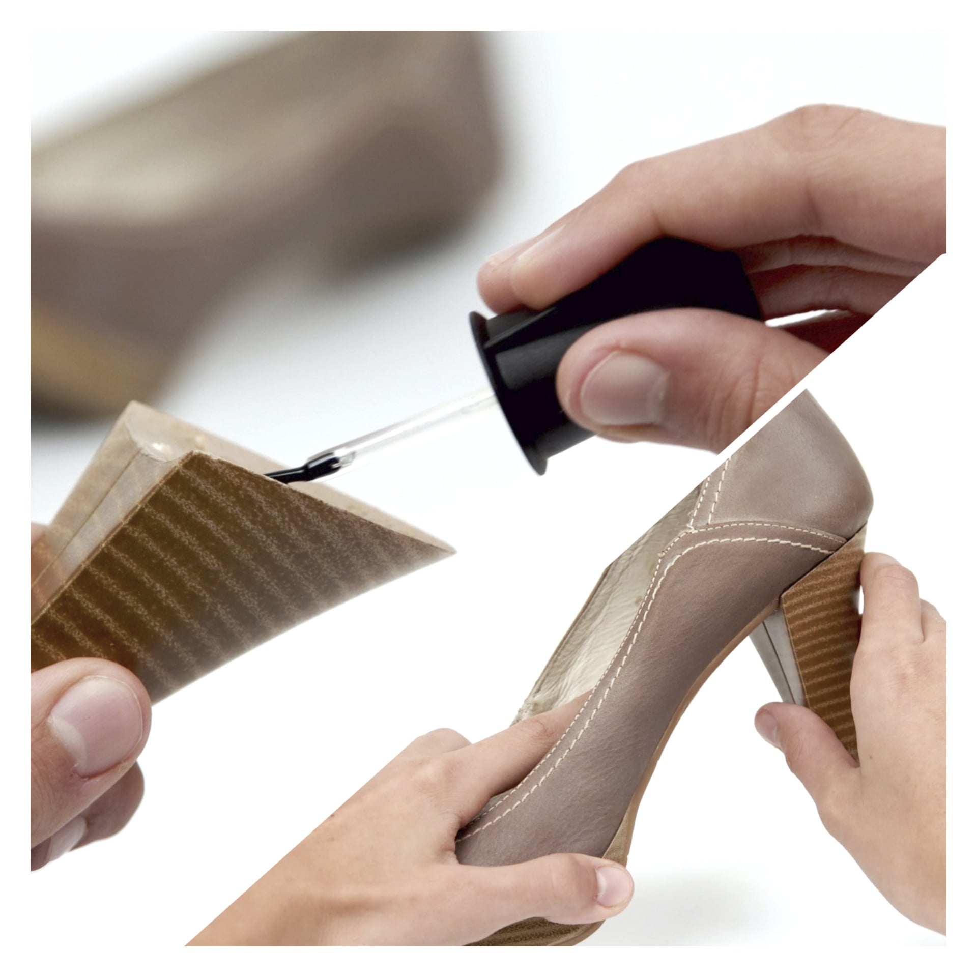 Händer som fixar en beige högklackad sko genom att limma och trycka tillbaka den lösa hälen på plats.