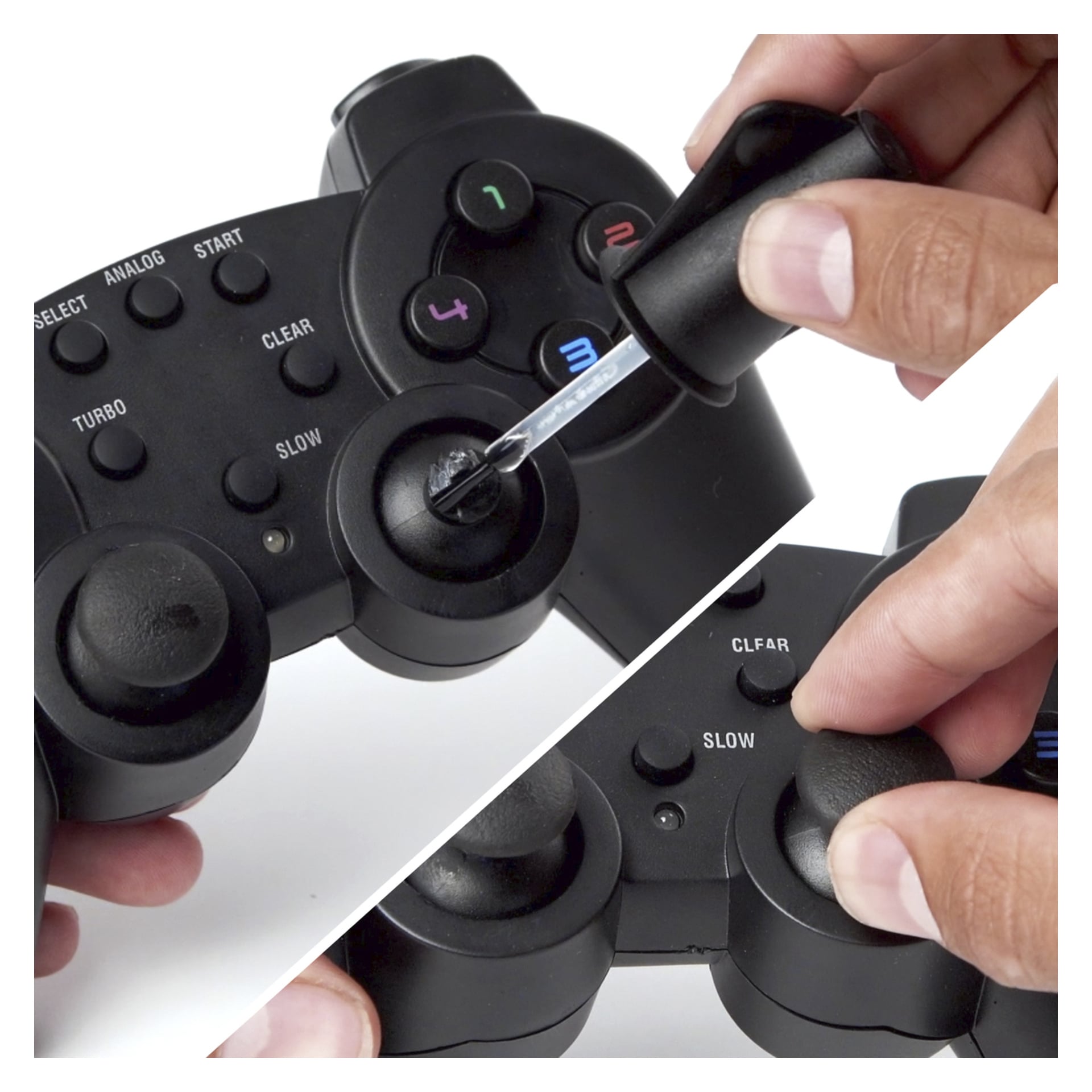 En person droppar smörjmedel på en svart spelkontrolls joystick och roterar sedan joysticken med fingrarna.