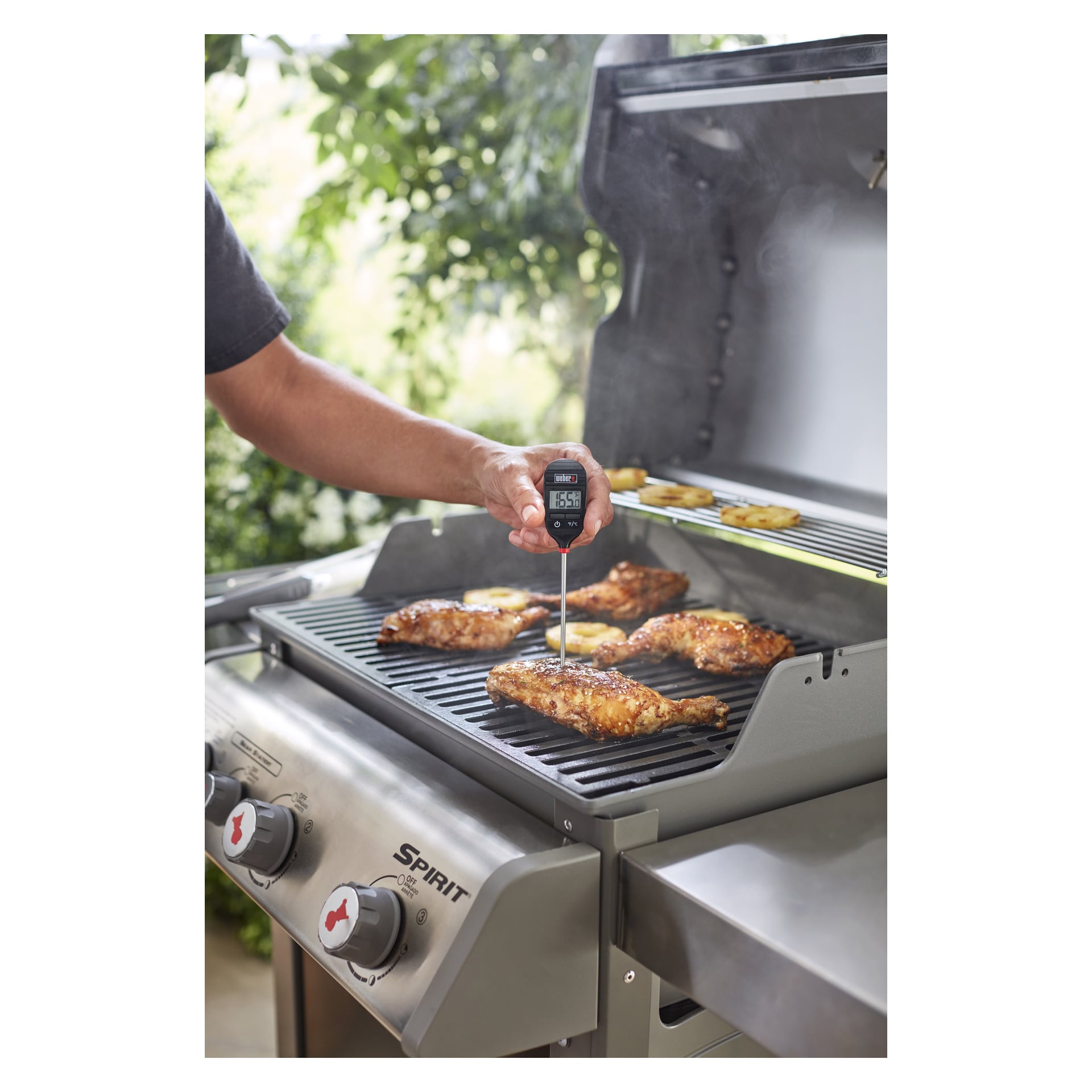 Någon kontrollerar grillad kyckling på en öppen gasgrill med en digital termometer; Mer kyckling och grönsaker ligger på gallret.