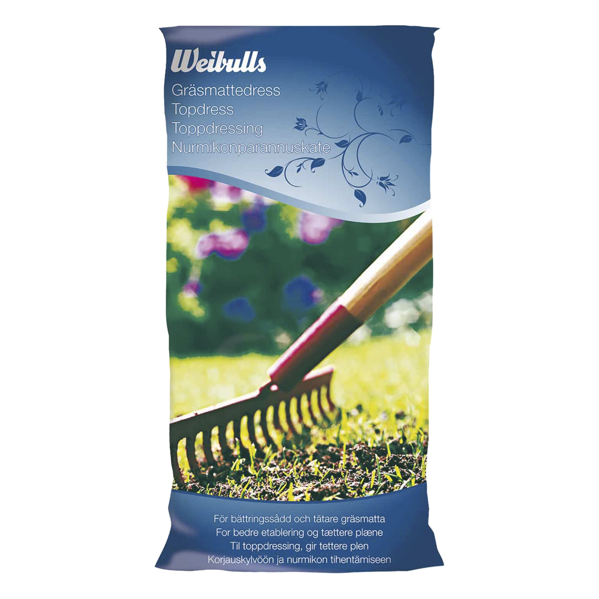 Påse med Weibulls Topdress gräsmatteprodukt med en närbild av en kratta på gräs och produktinformation visad på förpackningen.