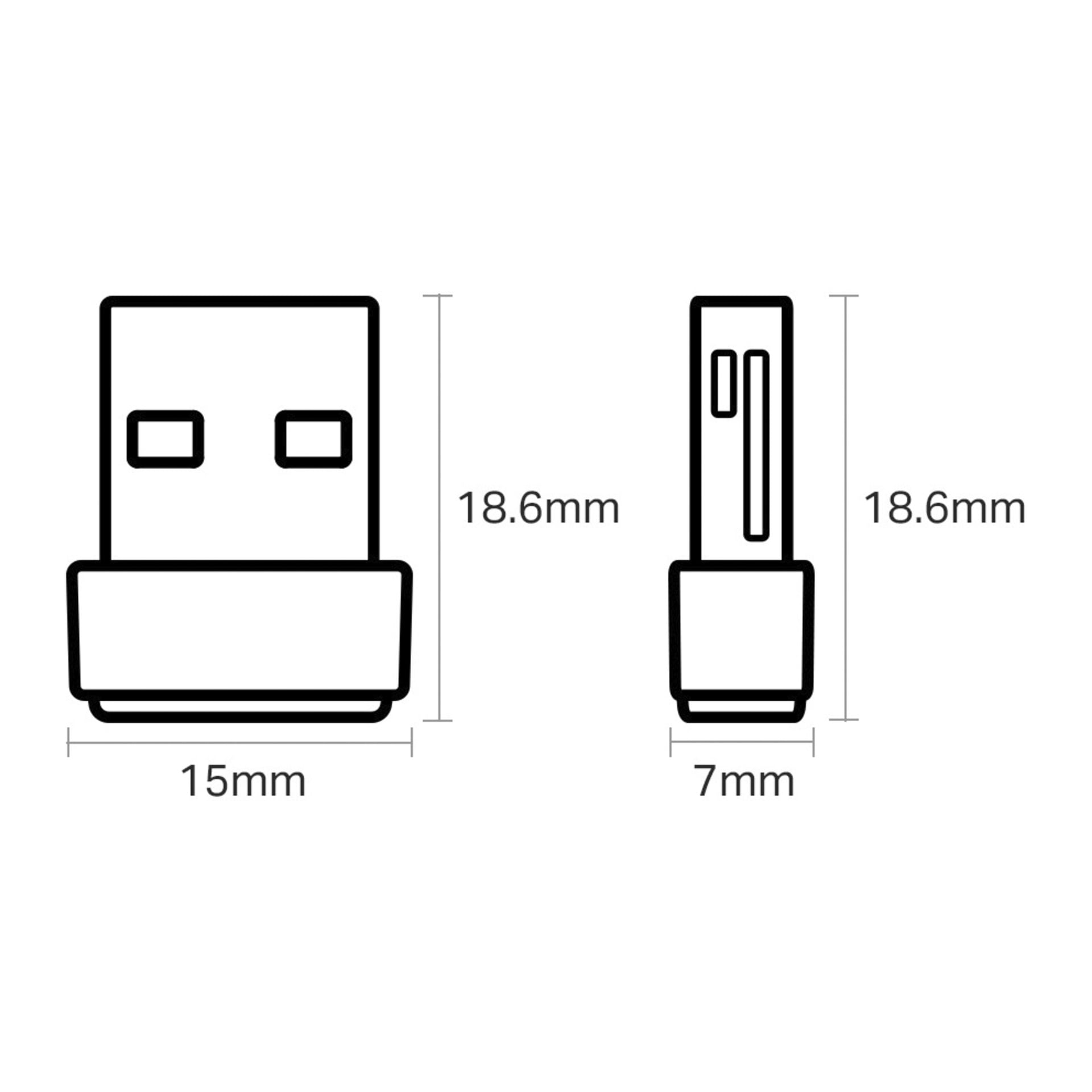 Diagram över en USB-enhet, frontvybredd 15 mm, sidovybredd 7 mm, båda höjderna markerade som 18,6 mm.