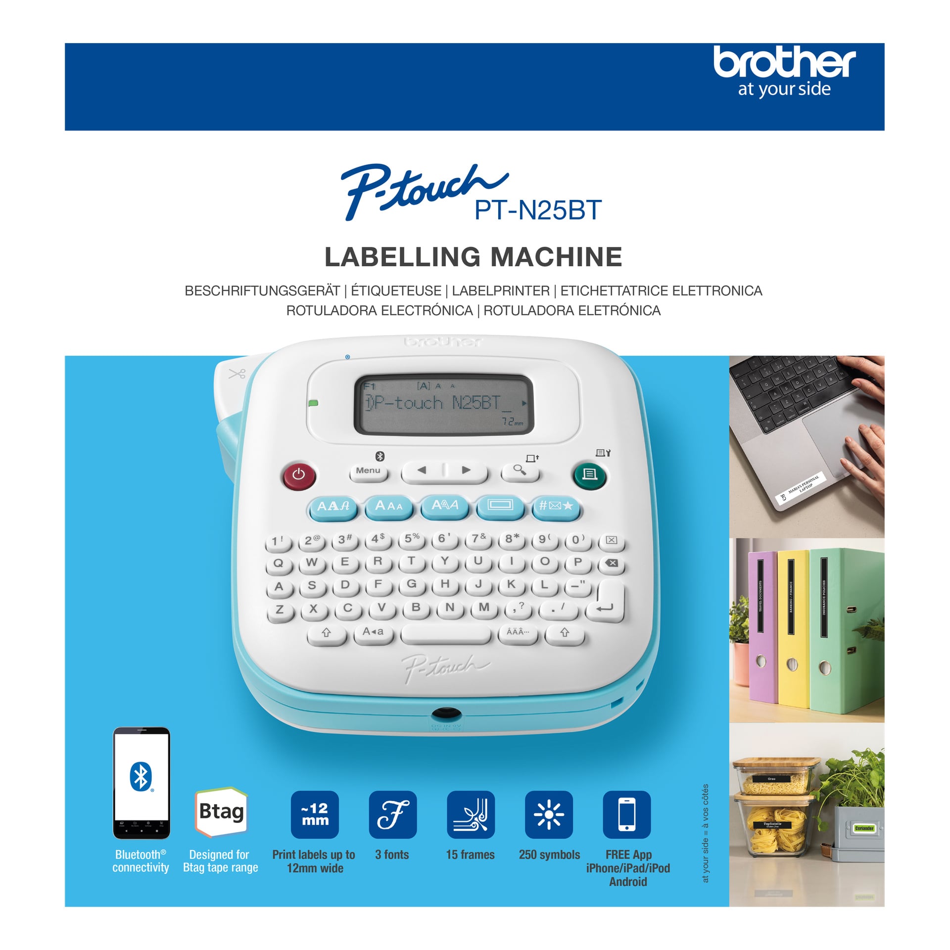 Brother P-touch PT-N25BT etikettmaskin i vitt och mintgrönt, med display och knappar, funktioner, appanvändning och etiketter på filer och flaskor.