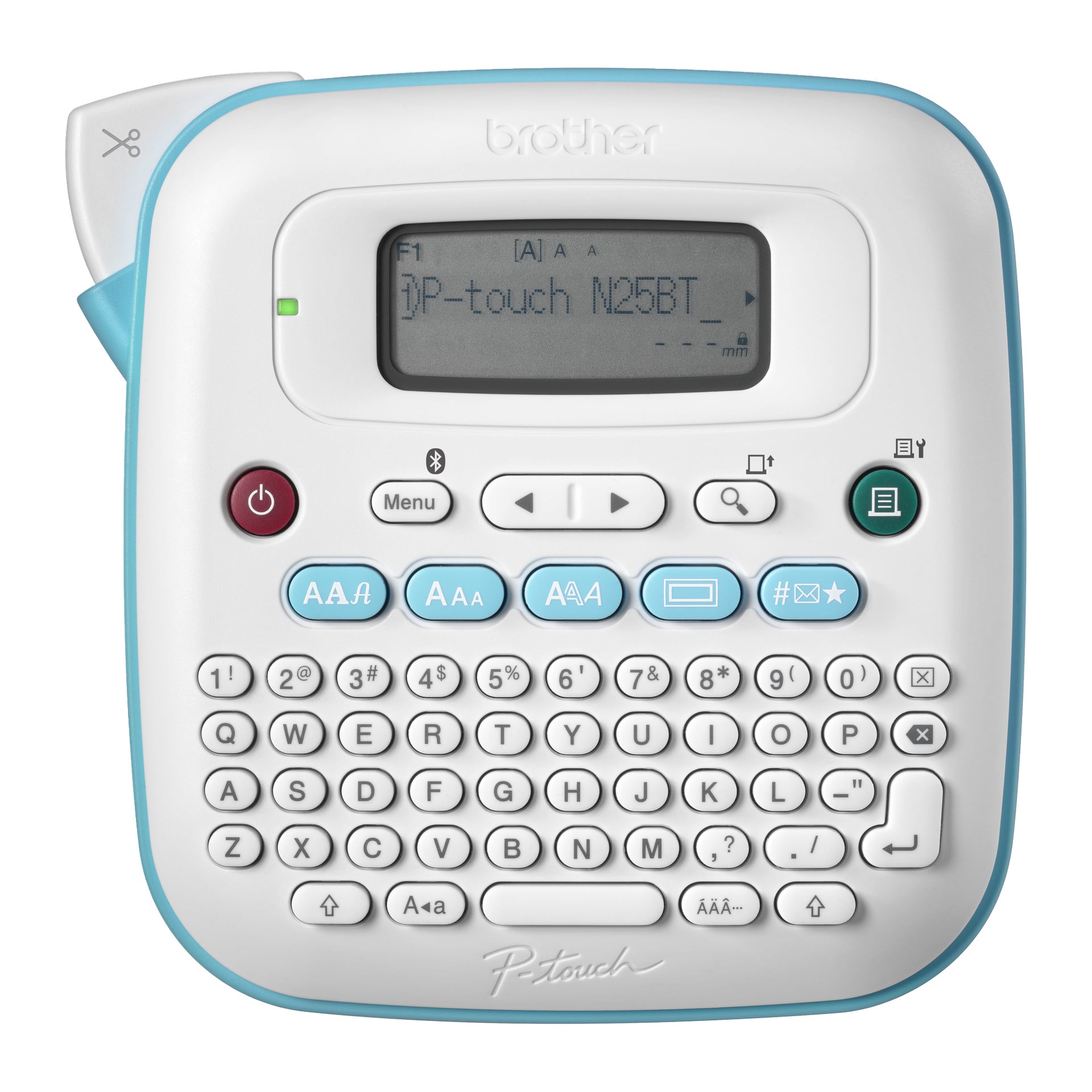 Brother P-touch etikettmaskin med liten skärm, QWERTY-tangentbord, funktionsknappar, blå accenter och en skärare uppe till vänster.