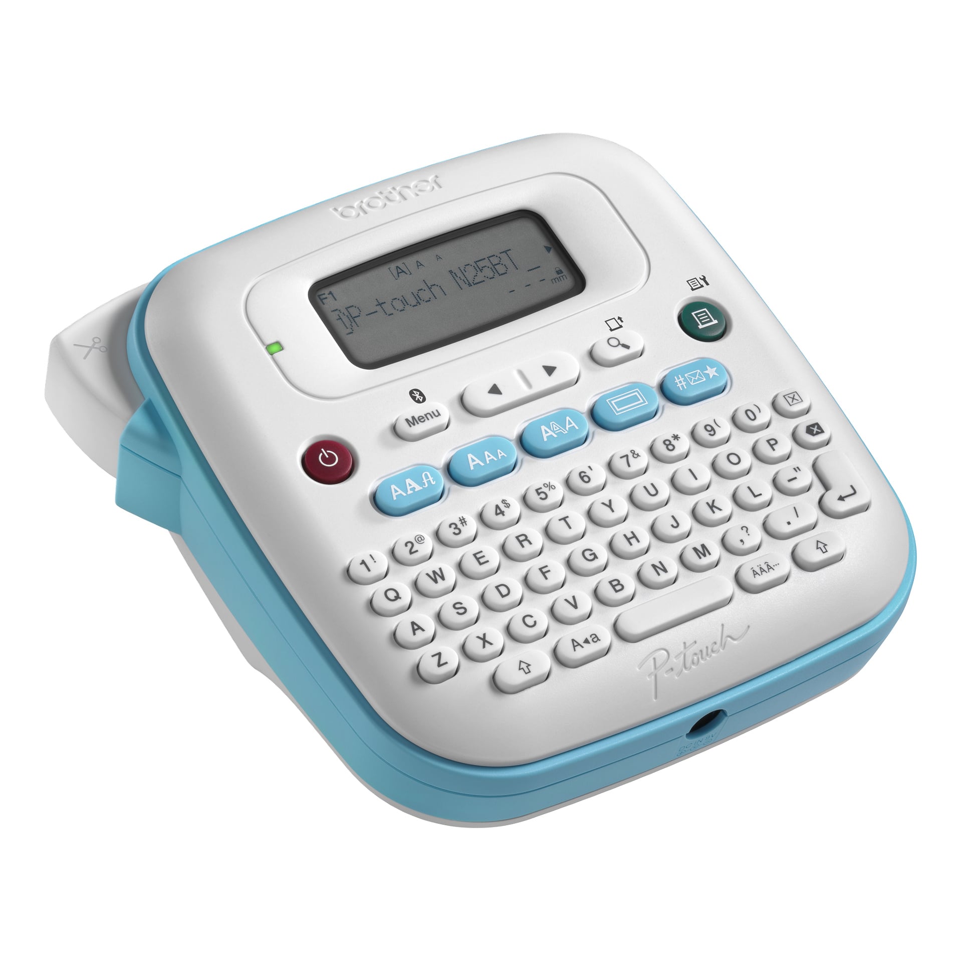 Brother P-touch etikettmaskin i vitt och blått med QWERTY-tangentbord, monokrom skärm som visar P-touch M29BT och olika knappar.