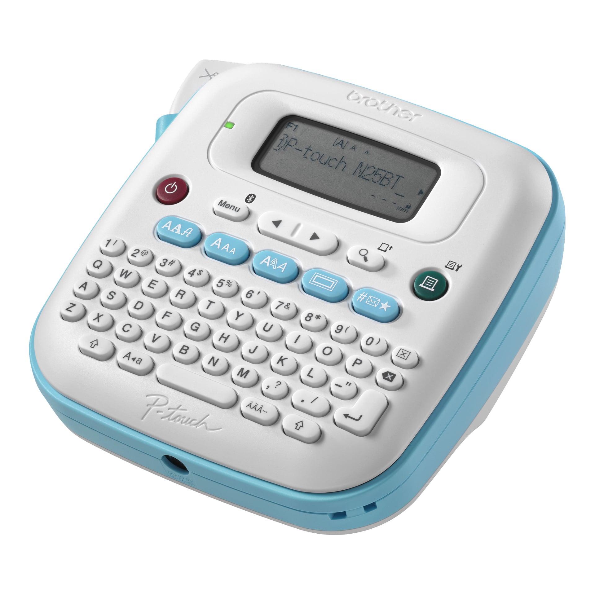 En vit och ljusblå Brother P-touch etikettautomat med liten skärm, QWERTY-tangentbord och blå och vita funktionsknappar. Skärmen visar p-touch N28BT.