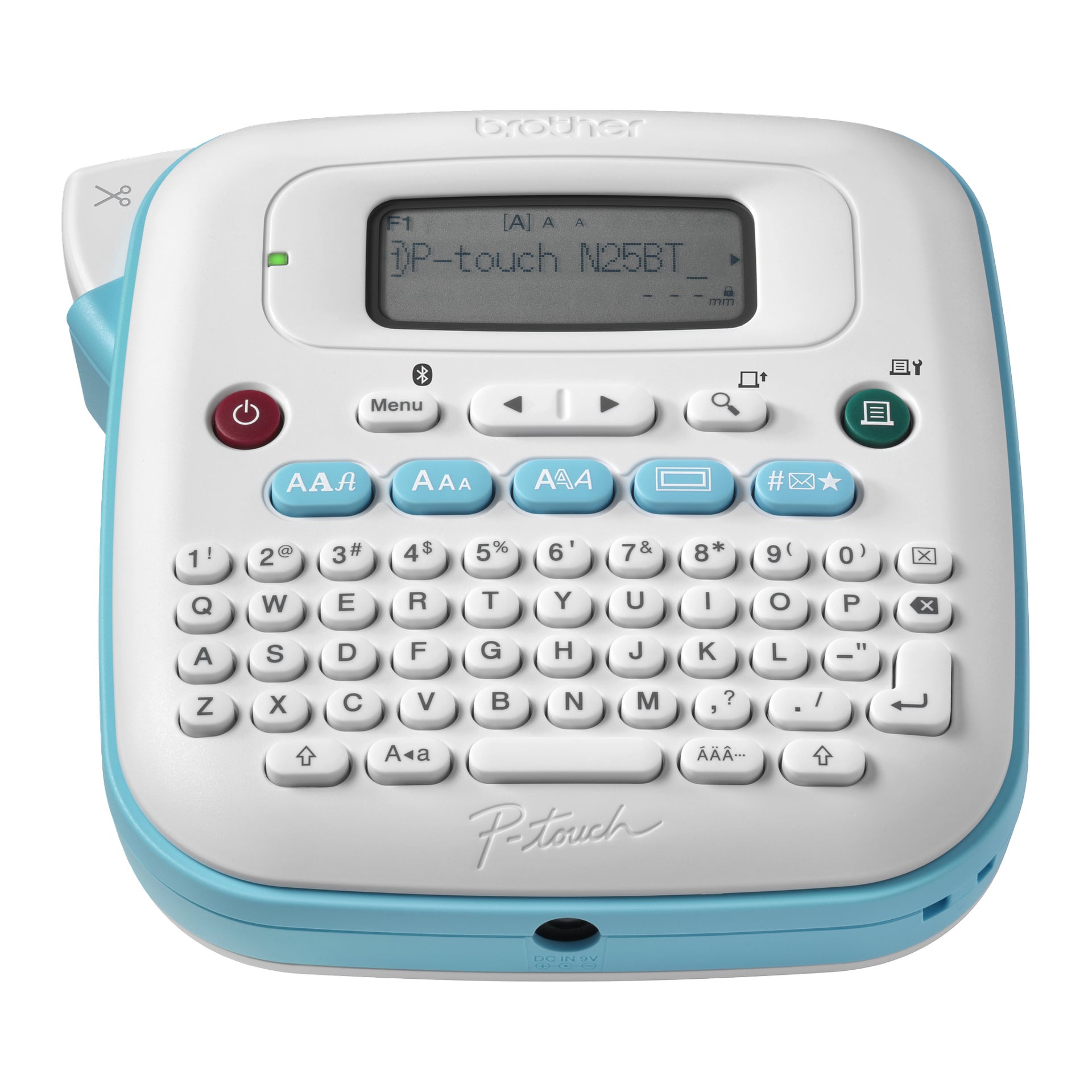 Brother P-touch etiketttillverkare sedd ovanifrån, med LCD-skärm, knappsats, funktionsknappar och blå accenter.