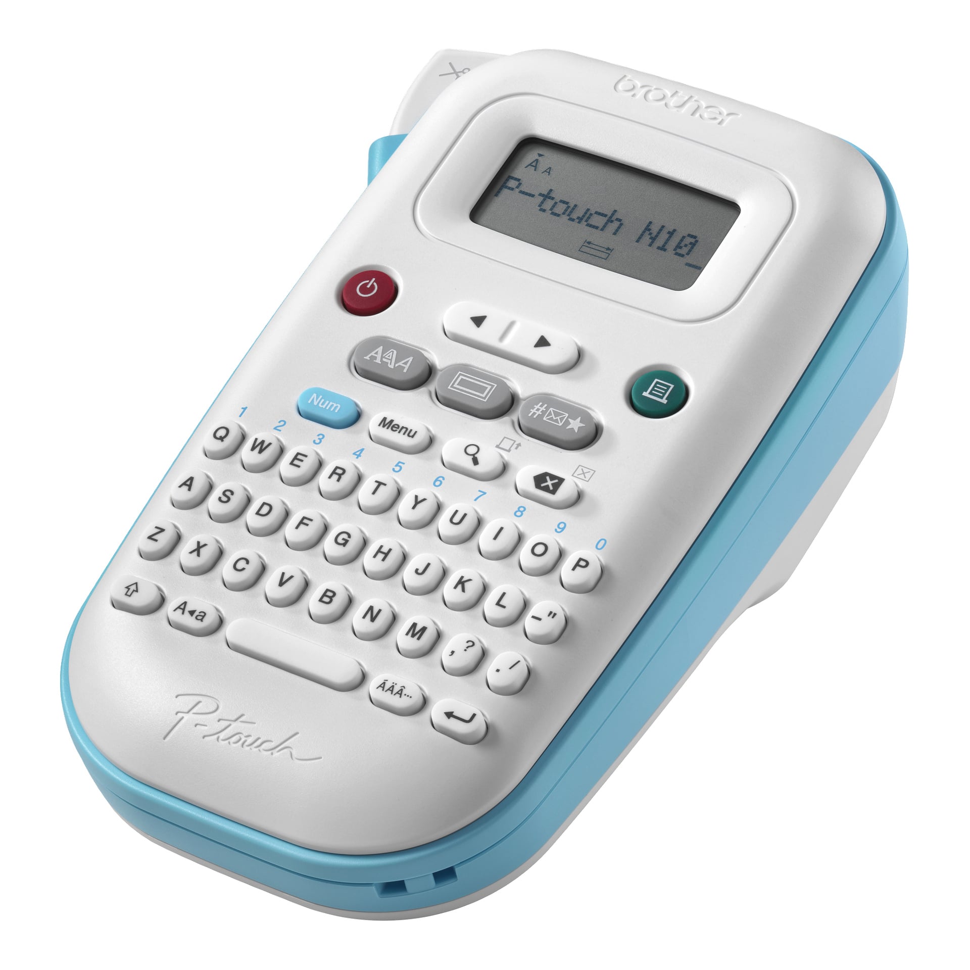 Brother P-touch N10 etikettmaskin med vit och blå design, liten display, komplett QWERTY-tangentbord och flera funktionstangenter.