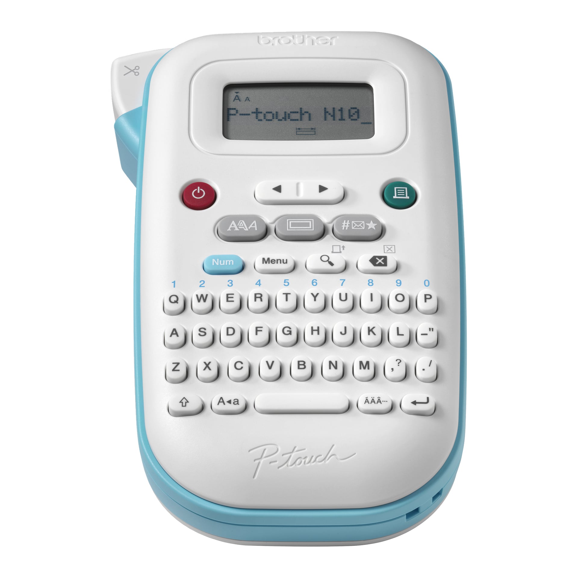 En vit och blå Brother P-touch etiketttillverkare med en liten LCD, rund knappsats för bokstäver och funktioner, och "P-touch N10" på skärmen.