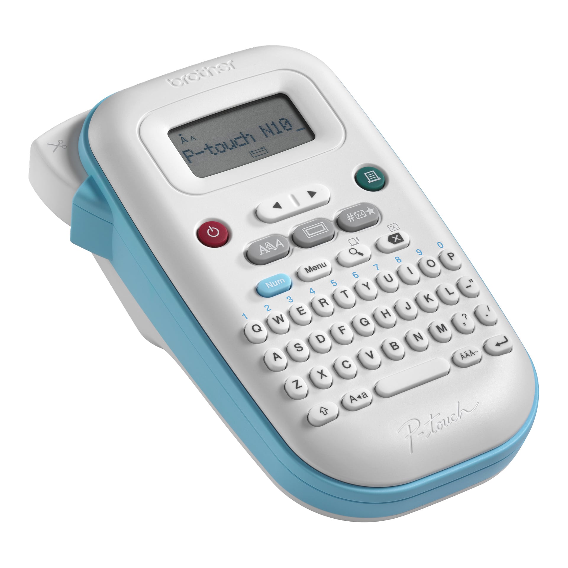 Brother P-touch M10 etikettmaskin med liten skärm, vit och ljusblå kropp, rundade kanter och QWERTY-tangentbord med funktionsknappar.