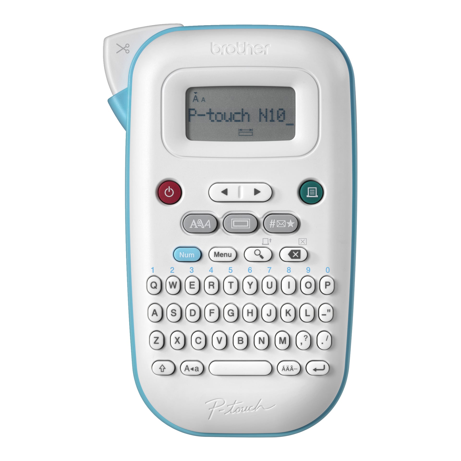 Brother P-touch N10 etiketttillverkare med kompakt display, flera knappar, QWERTY-tangentbord och vit-blå färgschema.