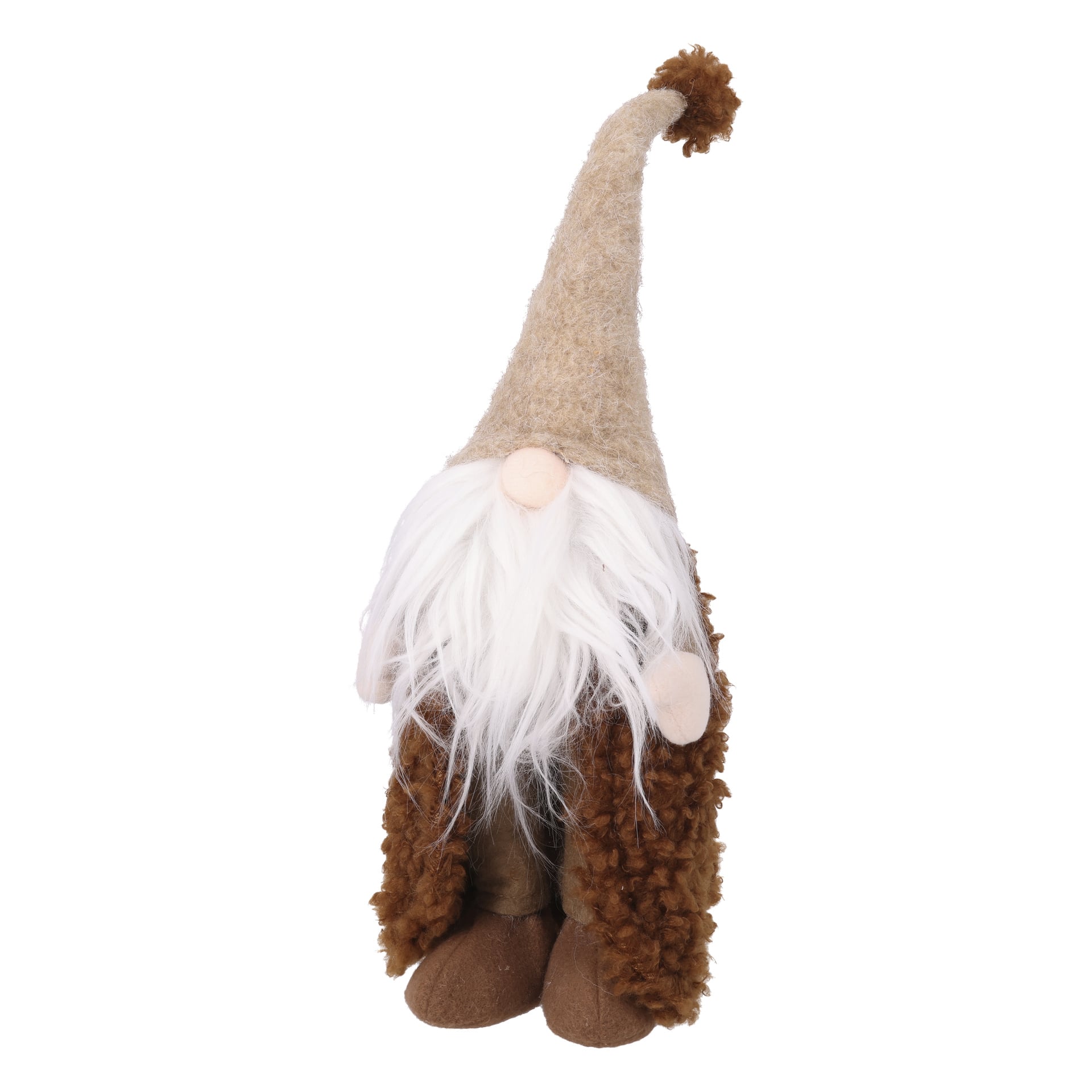 En mjuk tomtefigur med hög brun hatt, vitt skägg, rund näsa, lockig brun kappa och matchande bruna skor som stod upprätt.
