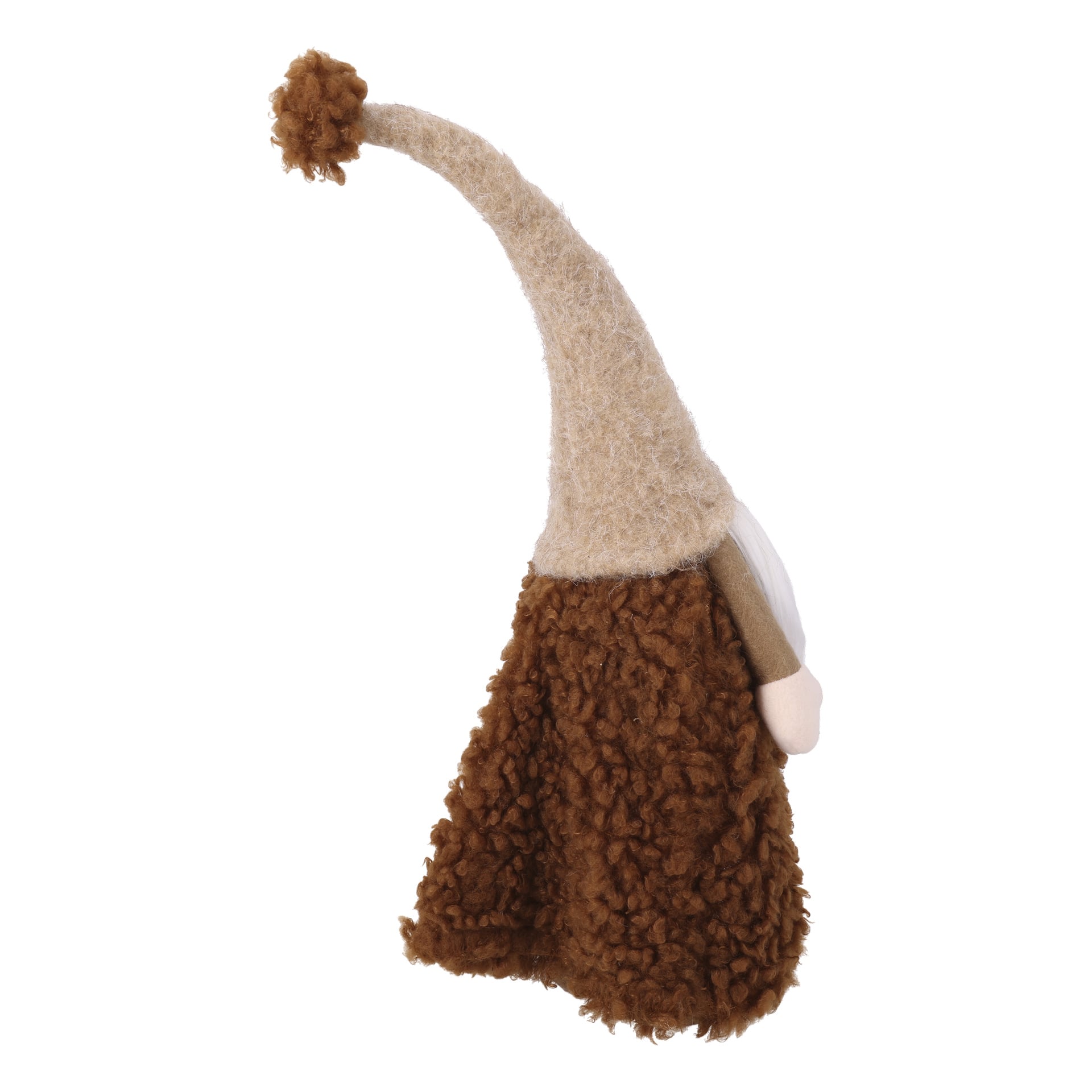 Liten tomtefigur med hög beige hatt, brun fluffig kropp, vitt skägg och rund näsa som kikade fram under hatten.