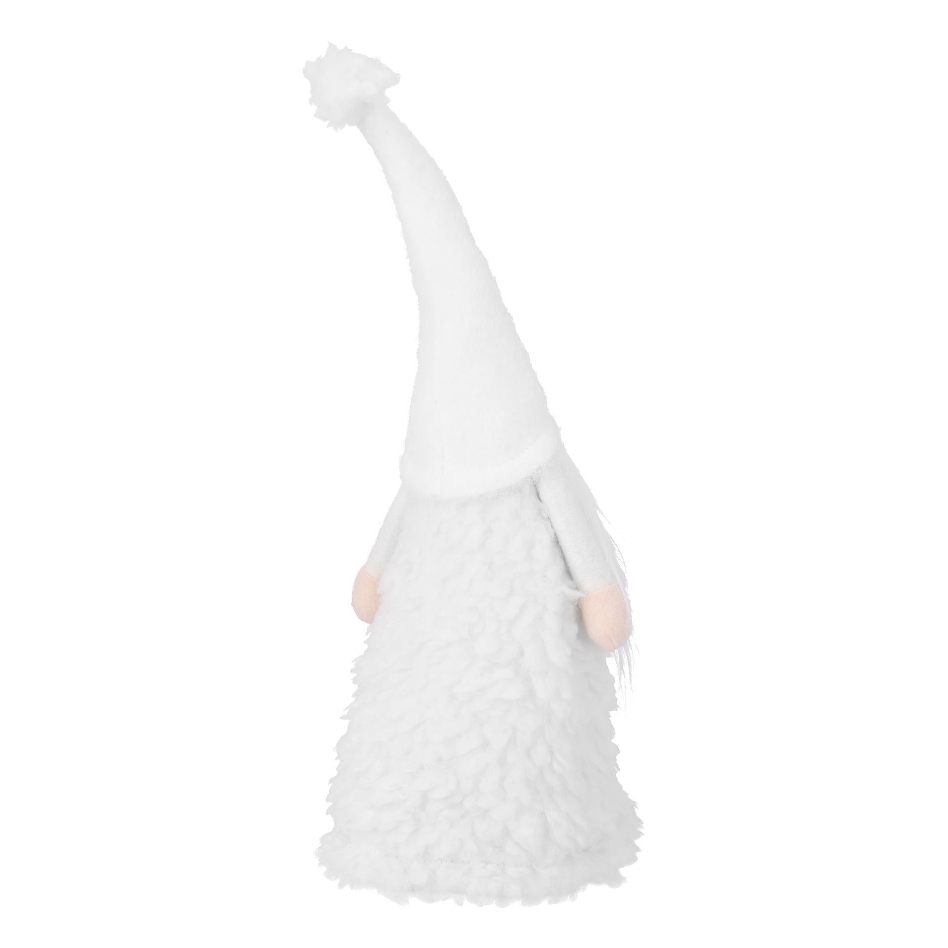 En mjuk tomtedocka med en hög vit spetsig hatt med pompom, fluffig vit kropp, runda bleka händer och inget synligt ansikte.