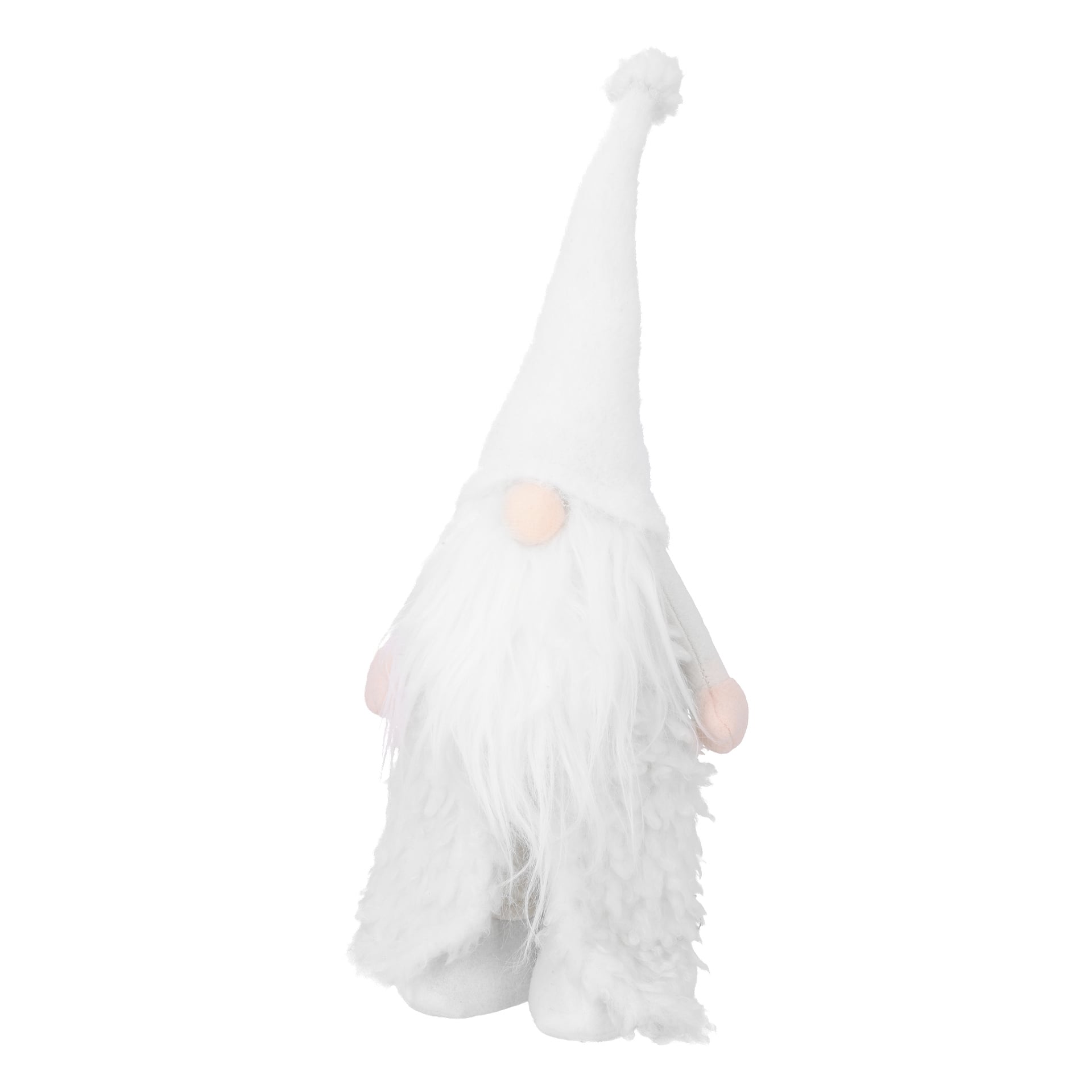 En mjuk tomte med en hög spetsig hatt, långt vitt skägg, rosa näsa och händer, allt täckt av mjukt, luddig vitt tyg.