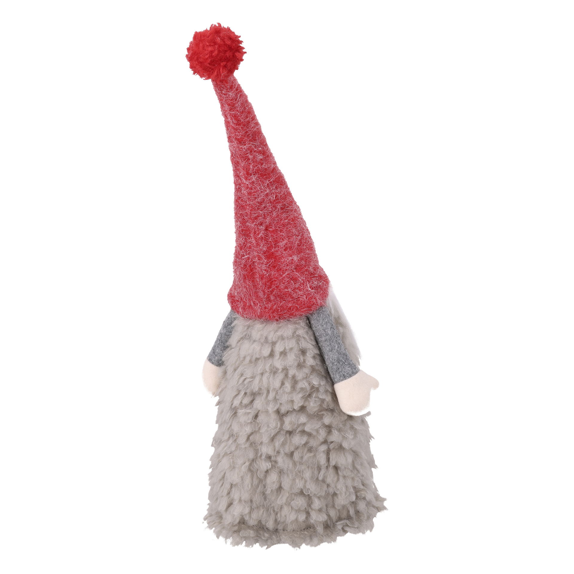 En gosig tomte med en lockig grå kropp, vita händer, grå ärmar och en hög röd hatt med en pompon som döljer ansiktet.