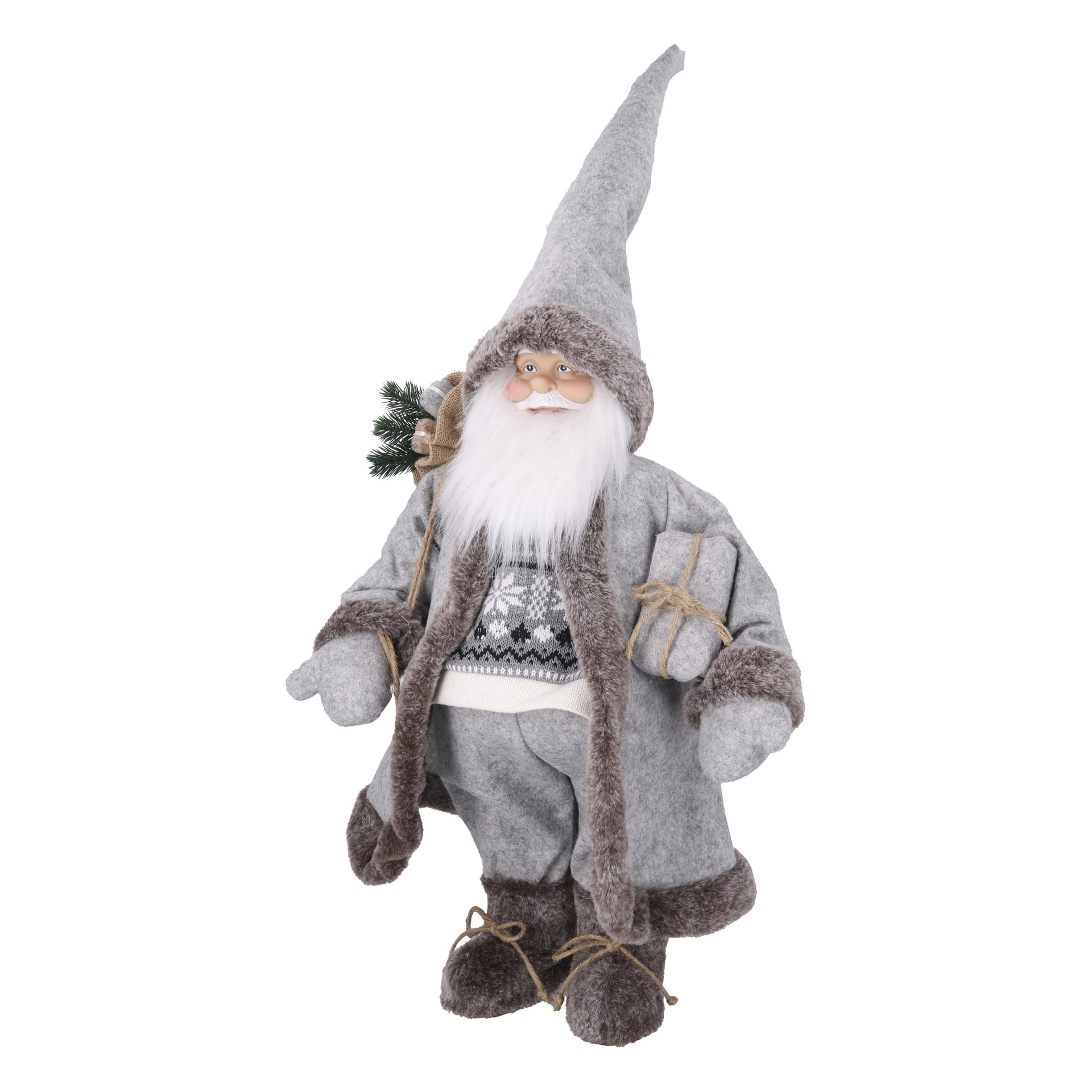 Tomtefiguren i grå dräkt med vit pälskant, hållande en säck av jute med en tallkvist och en present inslagen i snöre.