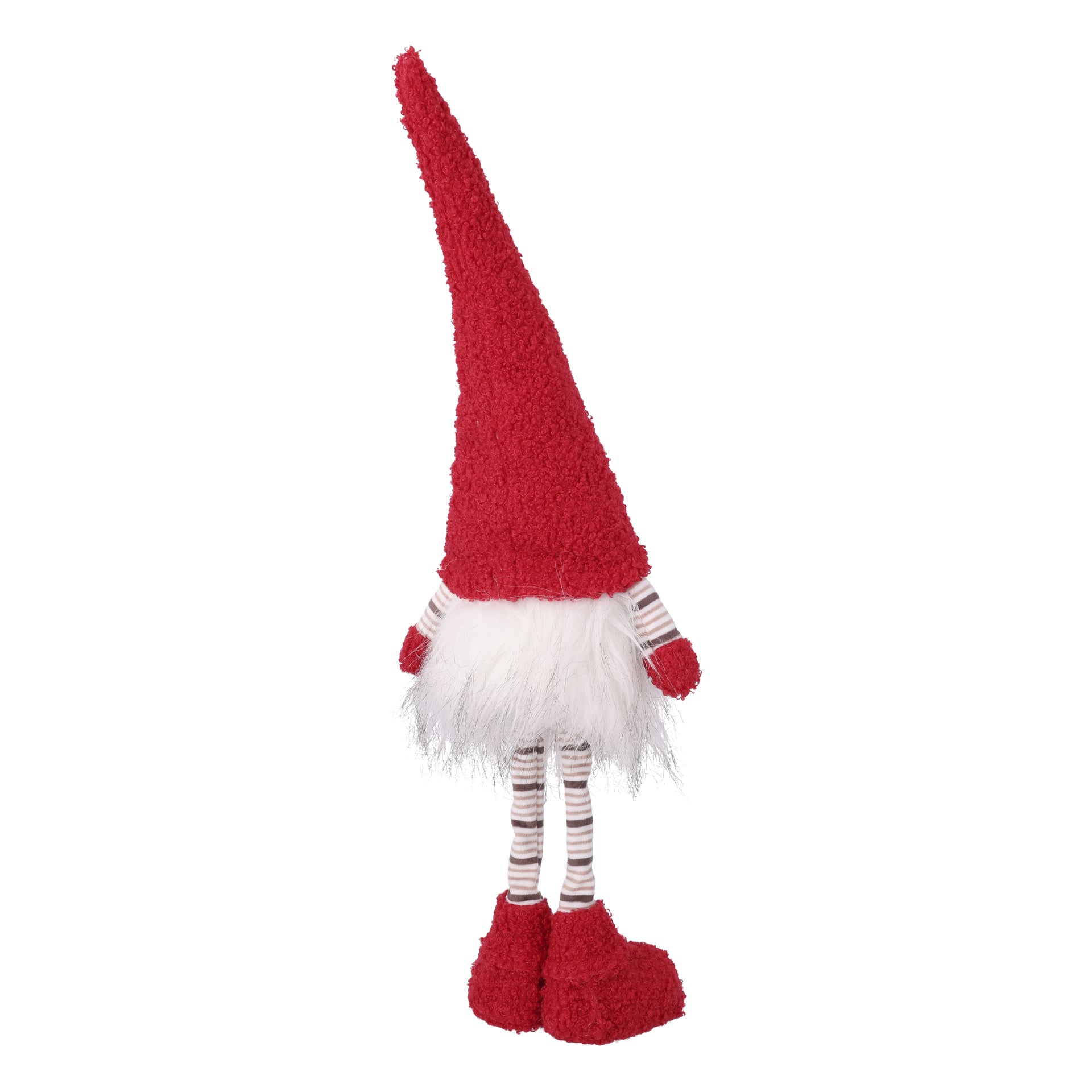 En mjuk tomte med hög röd hatt, fluffigt vitt skägg, randiga lemmar och röda vantar och stövlar står upprätt.