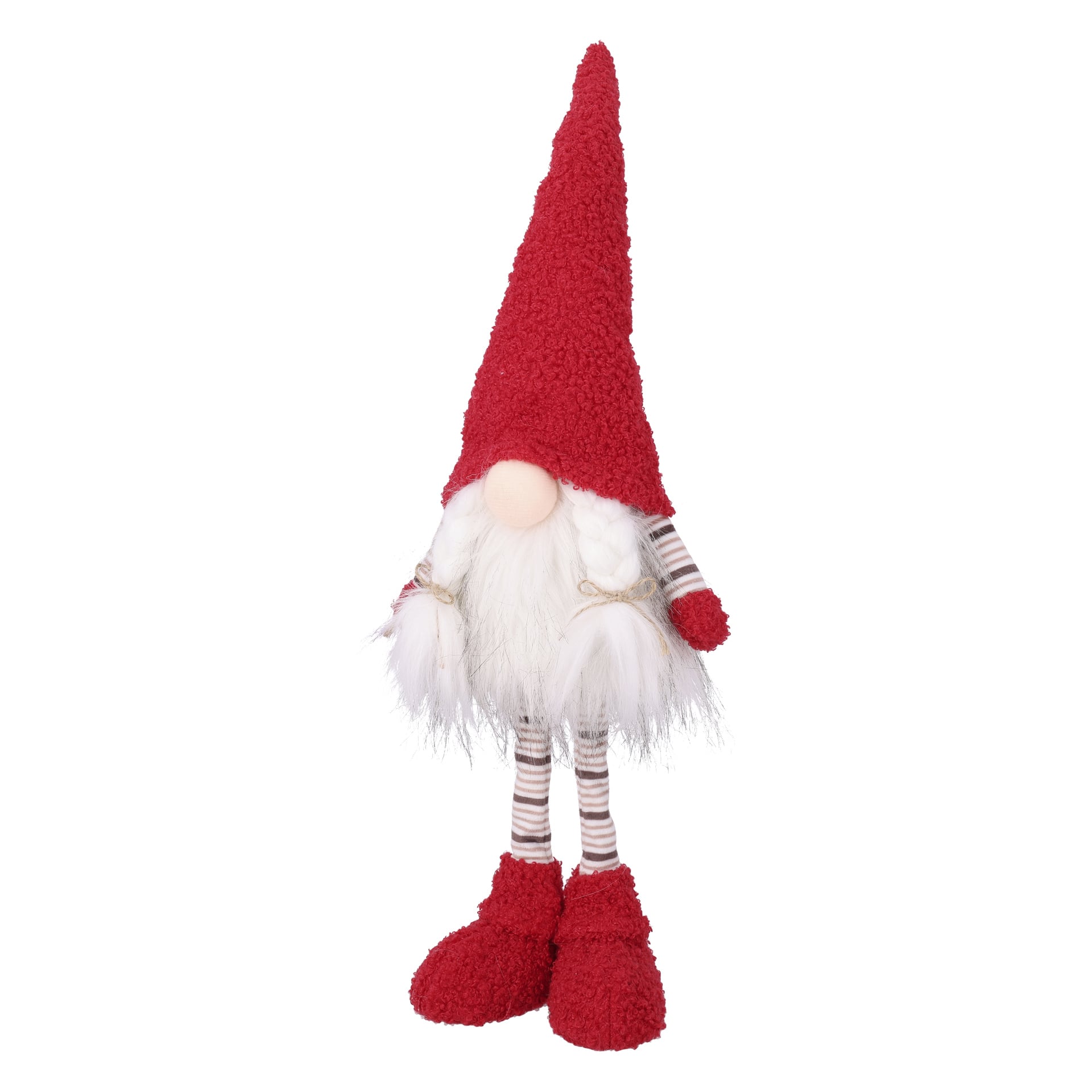En mjuk tomte med hög röd hatt, buskigt vitt skägg, rund näsa, röda vantar och stövlar samt randiga lemmar; ansiktet mestadels dolt.