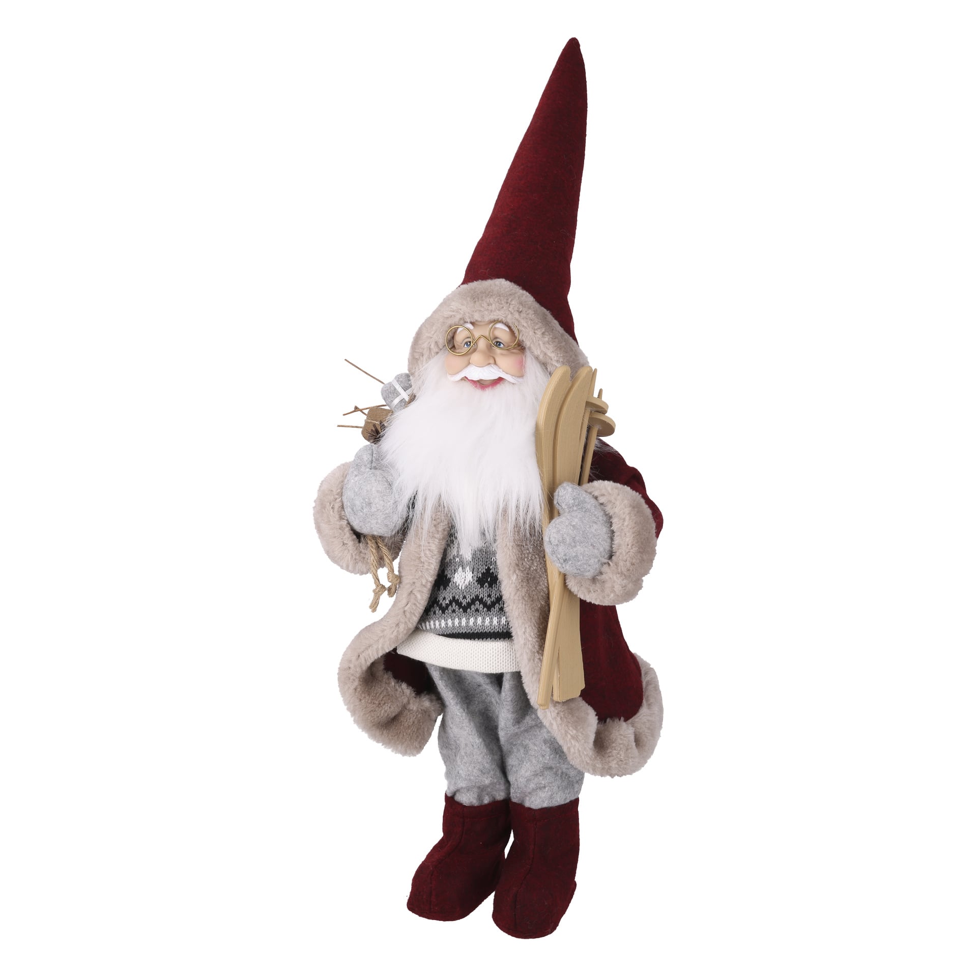 Tomtefigur med hög röd hatt, runda glasögon, gråvit tröja, pälskantad mantel, hängpinnar och träskidor.