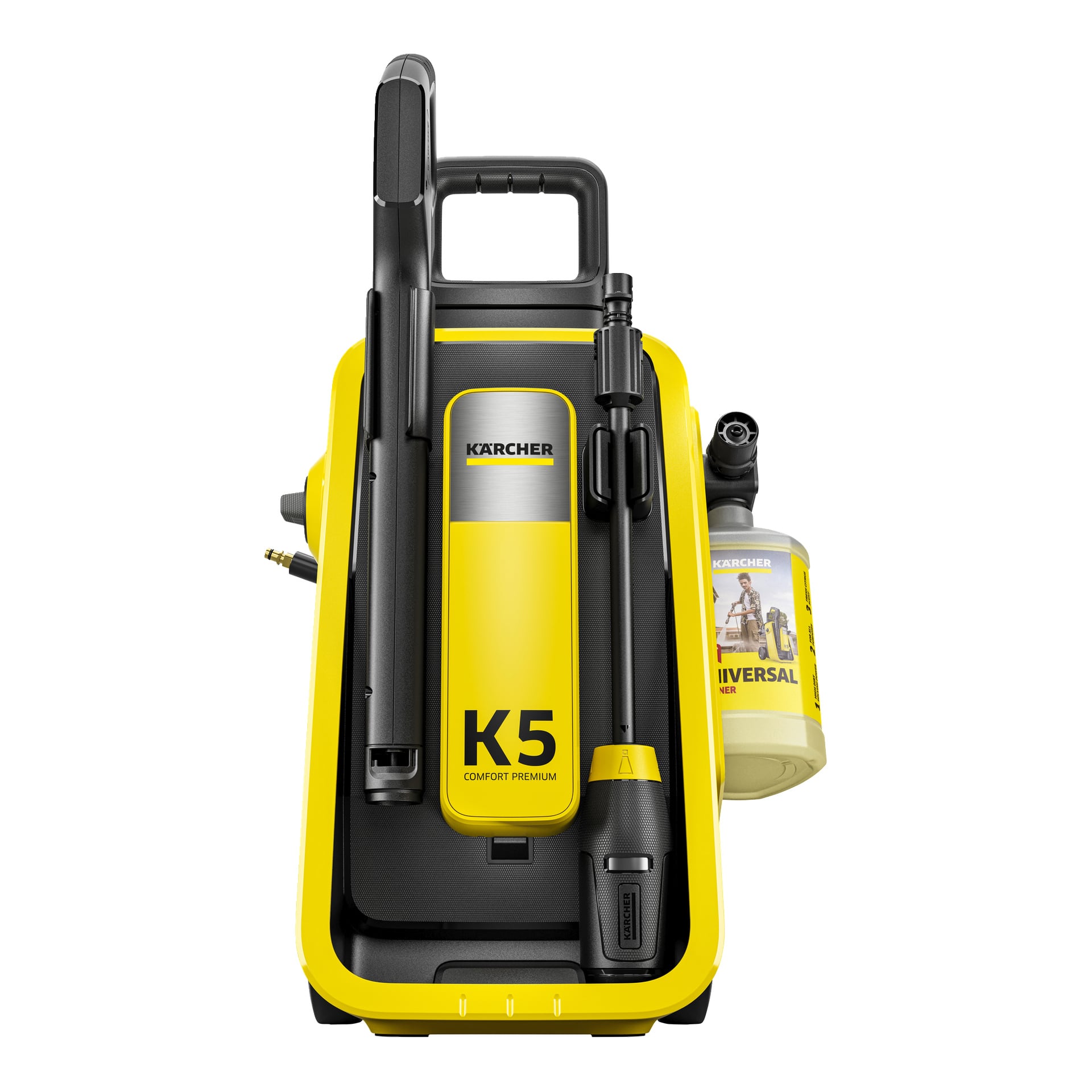Framifrån av en gul och svart Kärcher K5 Comfort Premium högtryckstvätt med lans, slang, handtag och en tvättmedelsflaska märkt Universal Cleaner.