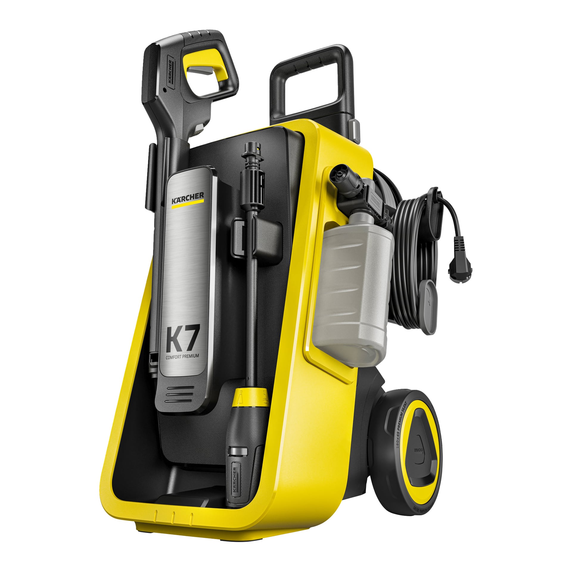 Kelta-musta Karcher K7 -painepesuri, jossa on pyörät, kahva, virtajohto, pesuainepullo ja suihkupistooli.