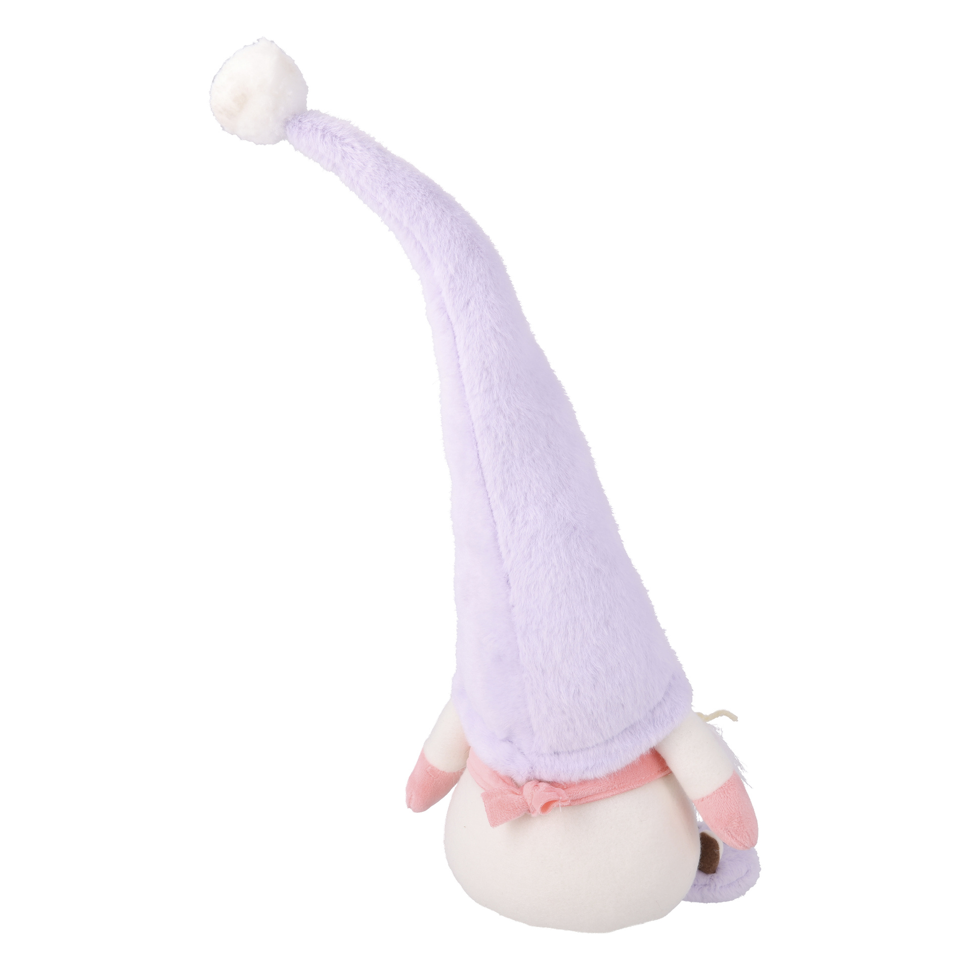 Ein plüschiges Zwergspielzeug, von hinten zu sehen, mit einem hohen hellvioletten Hut mit weißem Pompom, rosa Fäustlingen und einer rosa Schleife.