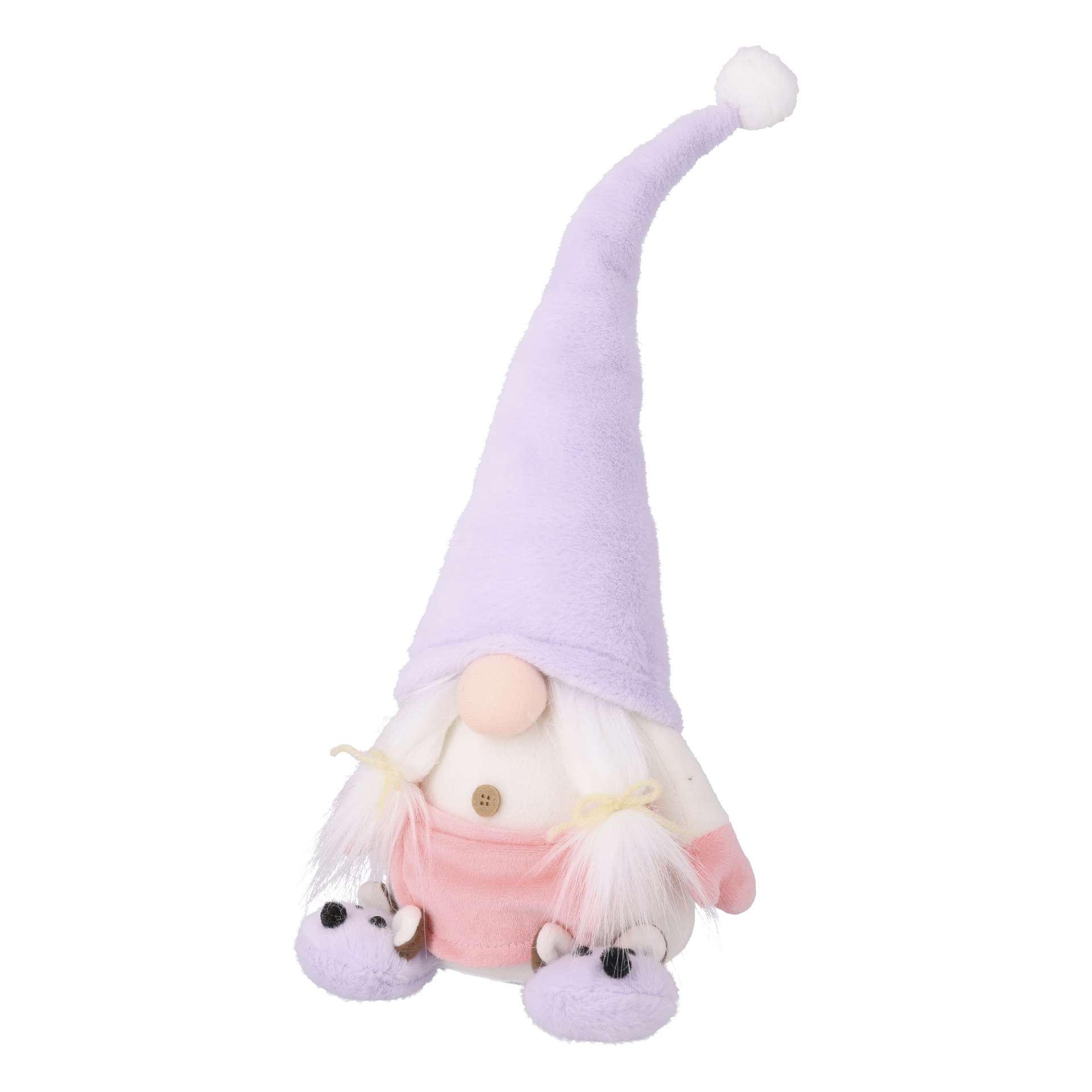 Plüschige Gnompuppe in Pink mit gelben Zöpfen, einem langen lavendelfarbenen Hut über den Augen und lilafarbenen, tierförmigen Hausschuhen.
