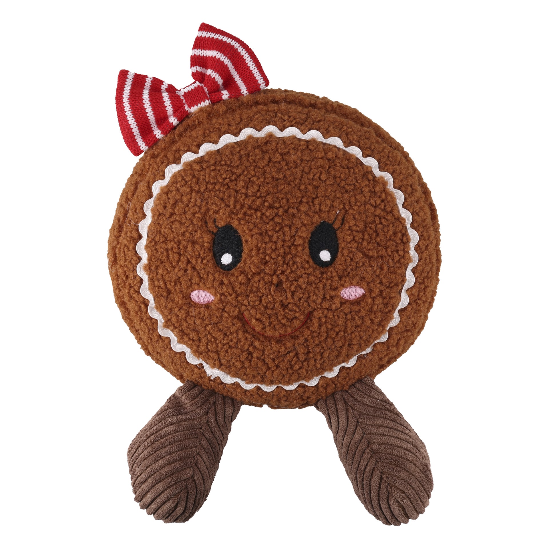 Pepparkaks-gosedjur med ett glatt ansikte, rosiga kinder, bruna ben och en randig rödvit rosett. Broderade ögon och accenter.