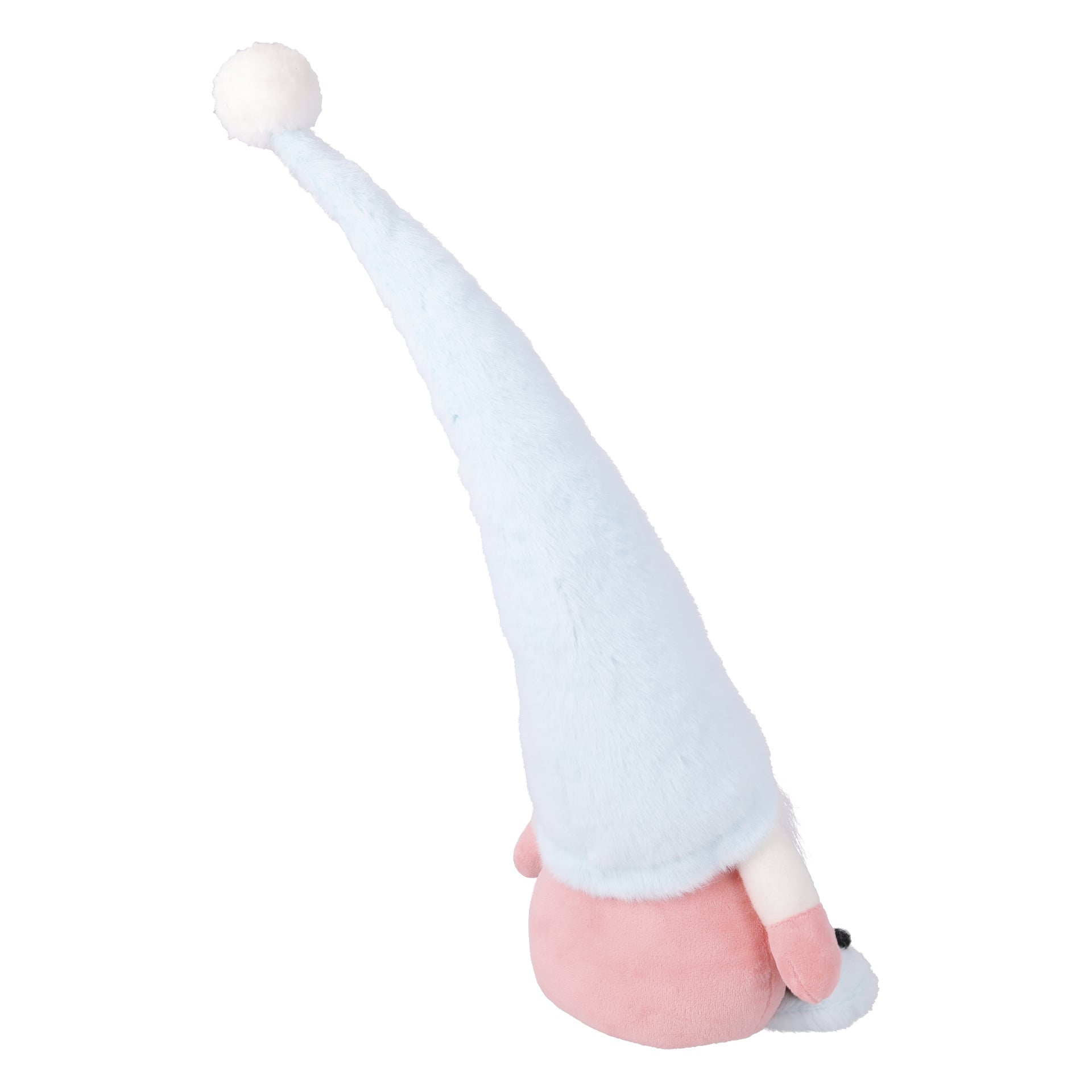 Ein Plüschspielzeug mit einem runden, rosa Körper, winzigen weißen Füßen, einem hohen hellblauen Hut mit einem weißen Pompon, der einen Teil des Gesichts verdeckte.