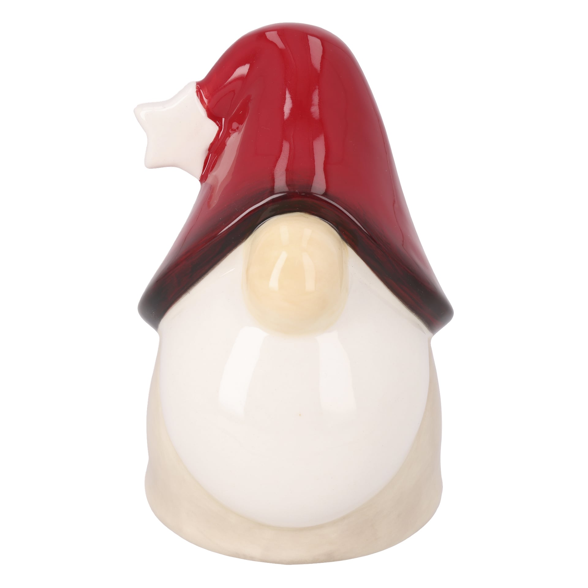 Keramisk tomtefigur med röd, stjärnformad hatt, beige rund nos och vitt skägg. Hatten döljer större delen av ansiktet.