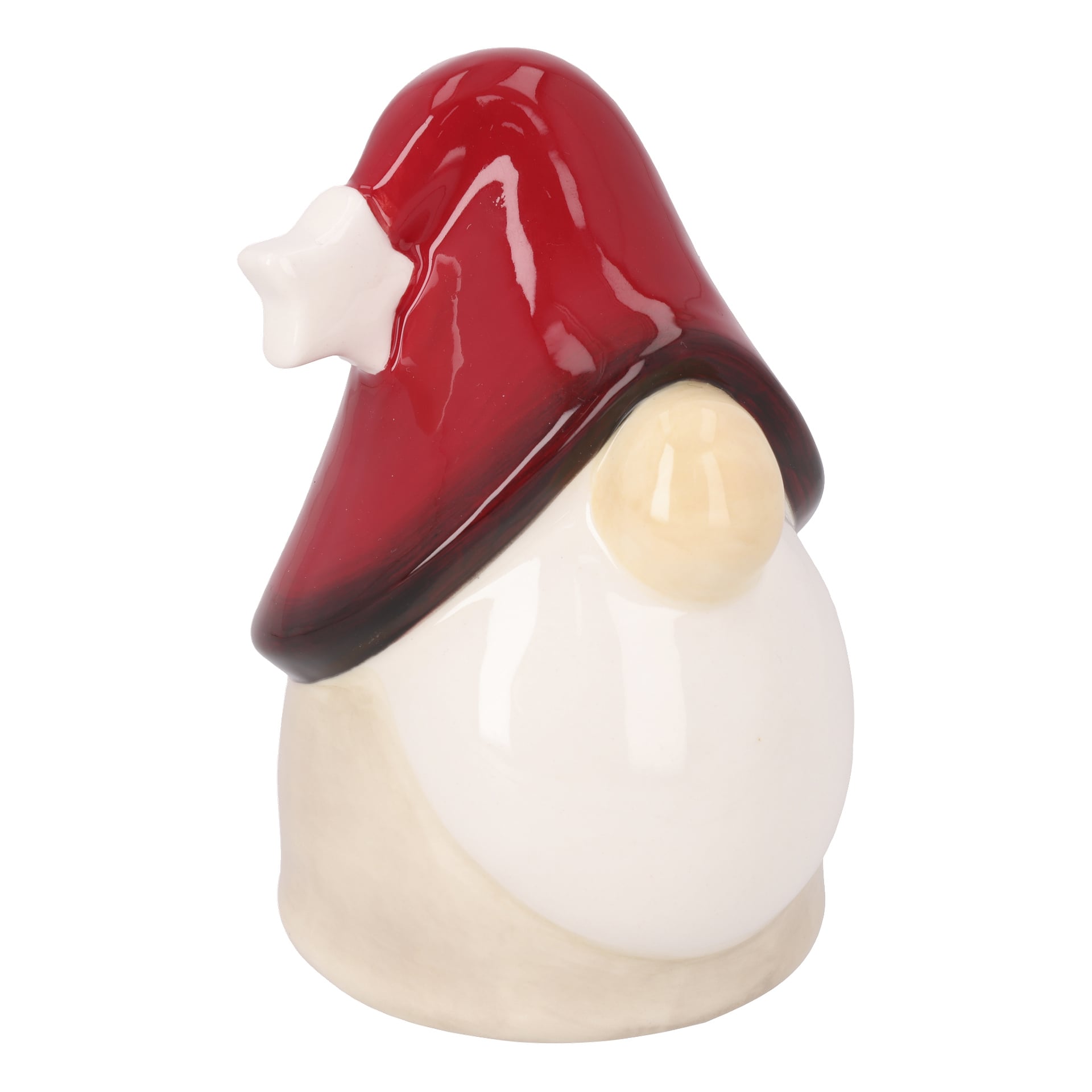Keramisk tomtefigur med en hög röd hatt dekorerad med en vit stjärna, beige rund näsa och buskigt vitt skägg som dolde ansiktet.