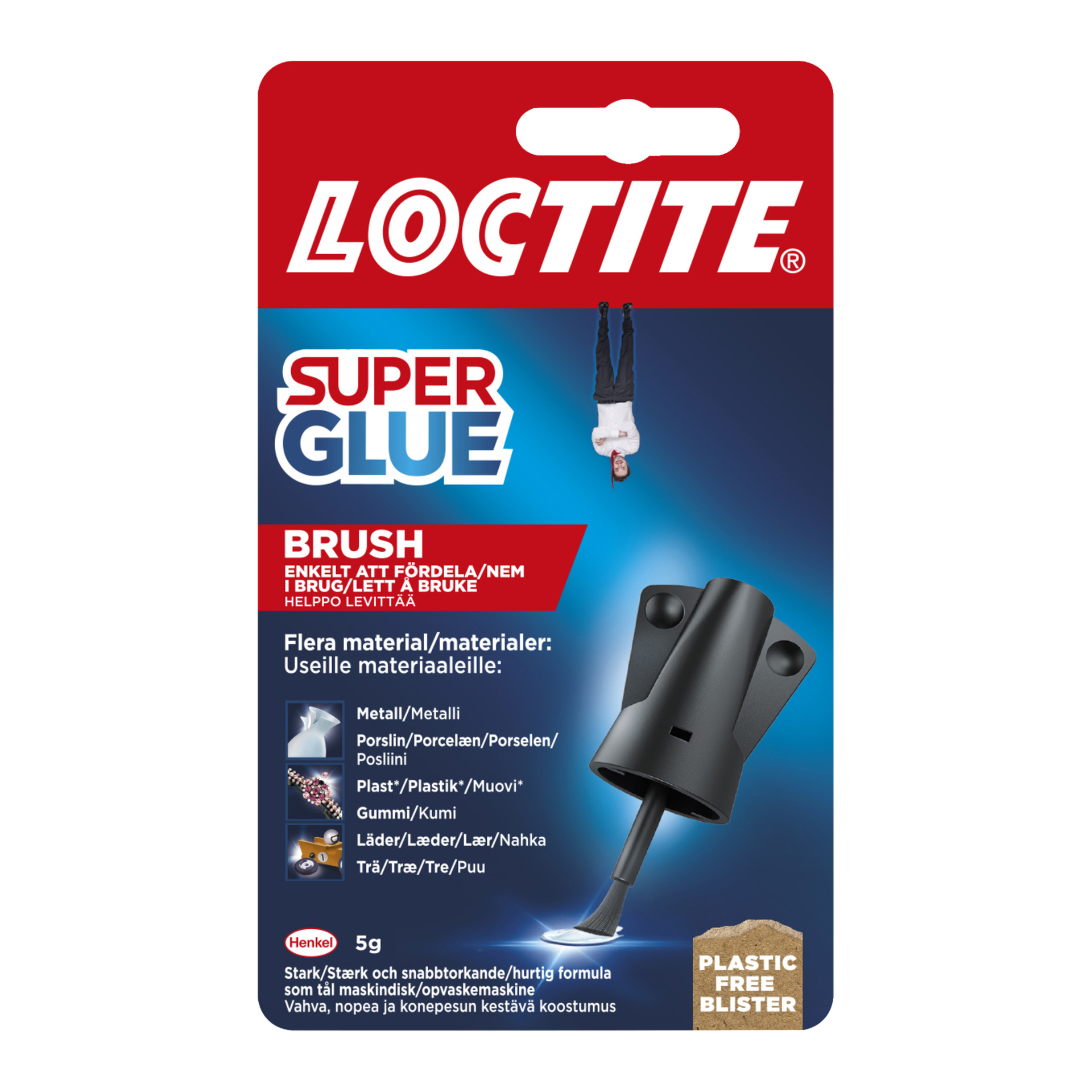 Loctite Super Glue Brush-paket med blå etikett, produktbilder, penselapplikator och en man som hänger upp och ner från "Loctite". Listar kompatibla material.
