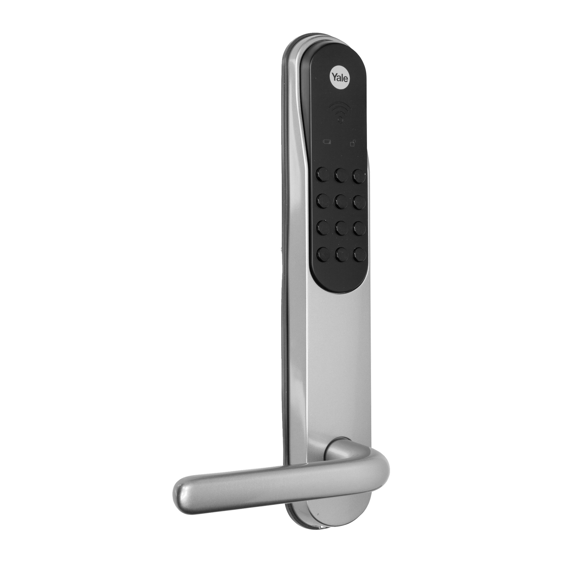 Et sølvfarget smart dørhåndtak med et svart tastatur med tolv knapper, en liten sirkulær sensor over, og Yale-logo øverst.