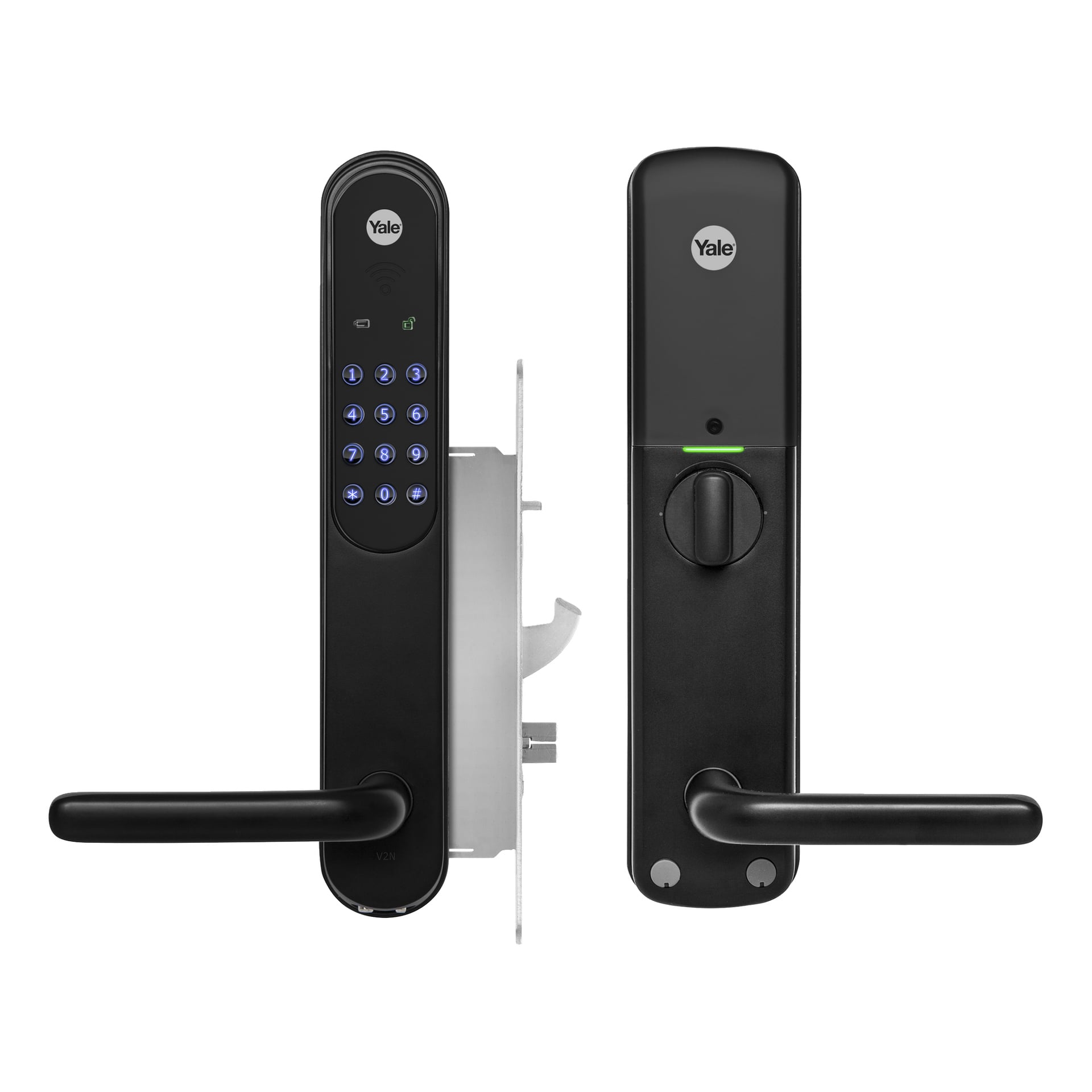 For- og bakside av en svart Yale smartlås med berøringsskjerm-tastatur, RFID-sensor, dreieknapp, Yale-logo og horisontale håndtak.