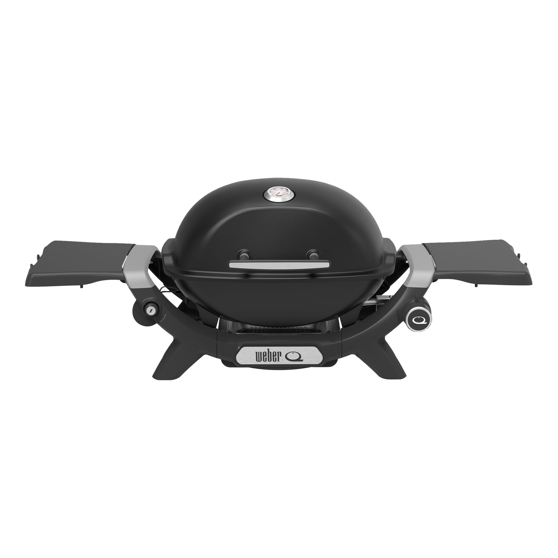 przenośny grill gazowy Weber z zamkniętą pokrywą, rozkładane stoliki boczne, górny termometr i solidna podstawa.