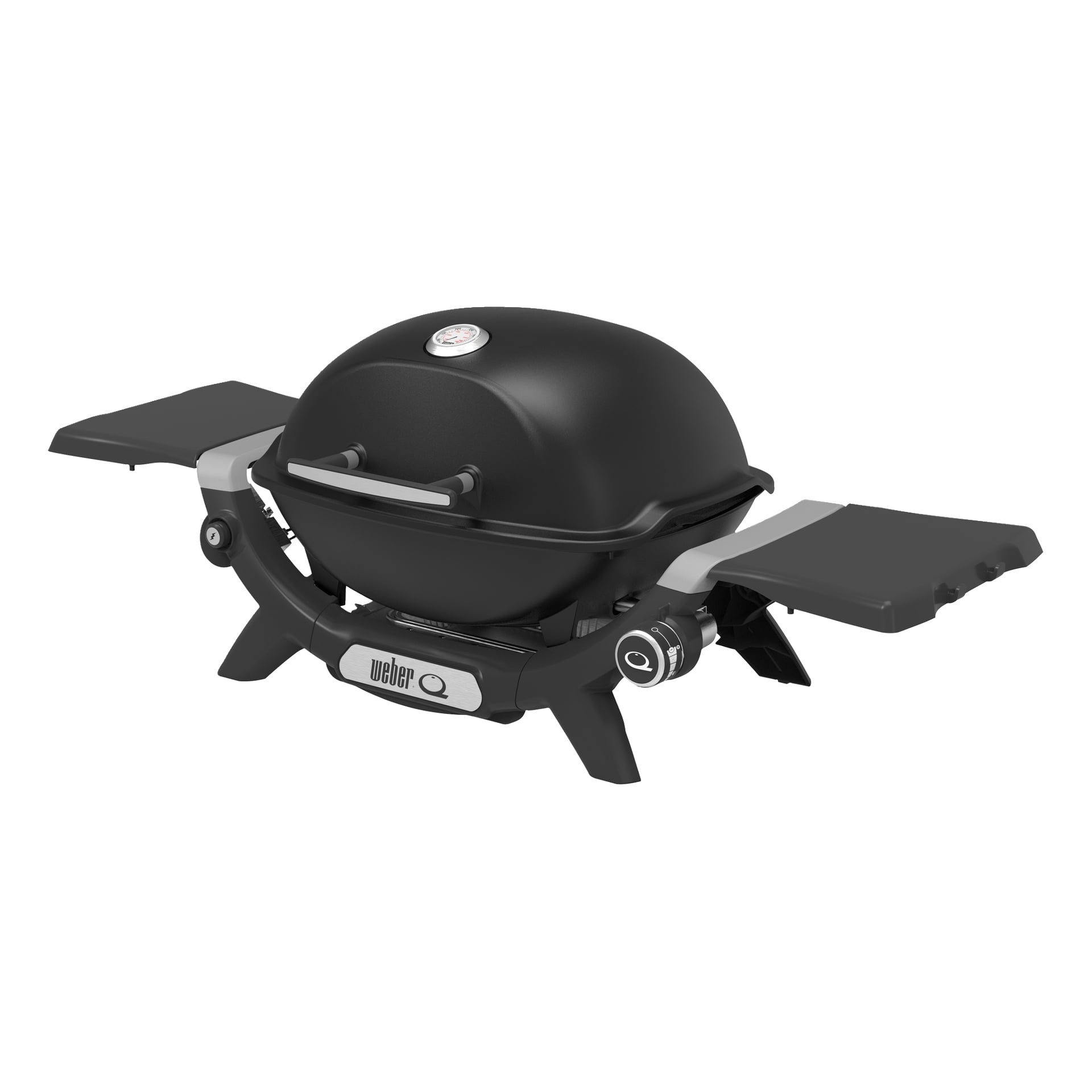 stołowy grill gazowy Weber Q z kopułową pokrywą, wbudowanym termometrem, składanymi stolikami bocznymi, pokrętłami sterującymi i solidnymi nogami.