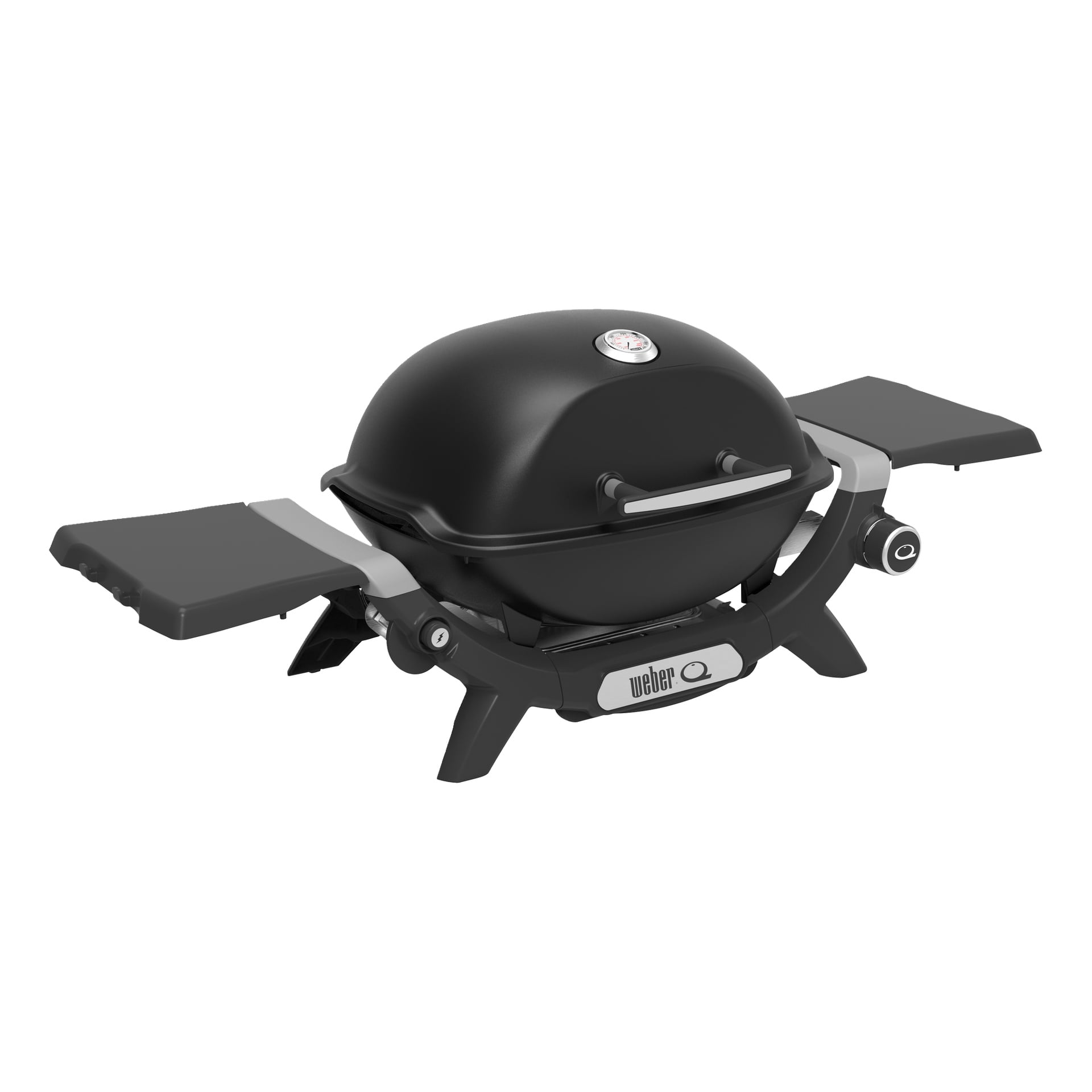 Kompaktowy grill gazowy Weber z kopułową pokrywą, termometrem, bocznymi uchwytami, składanymi stolikami bocznymi i solidnymi nogami.