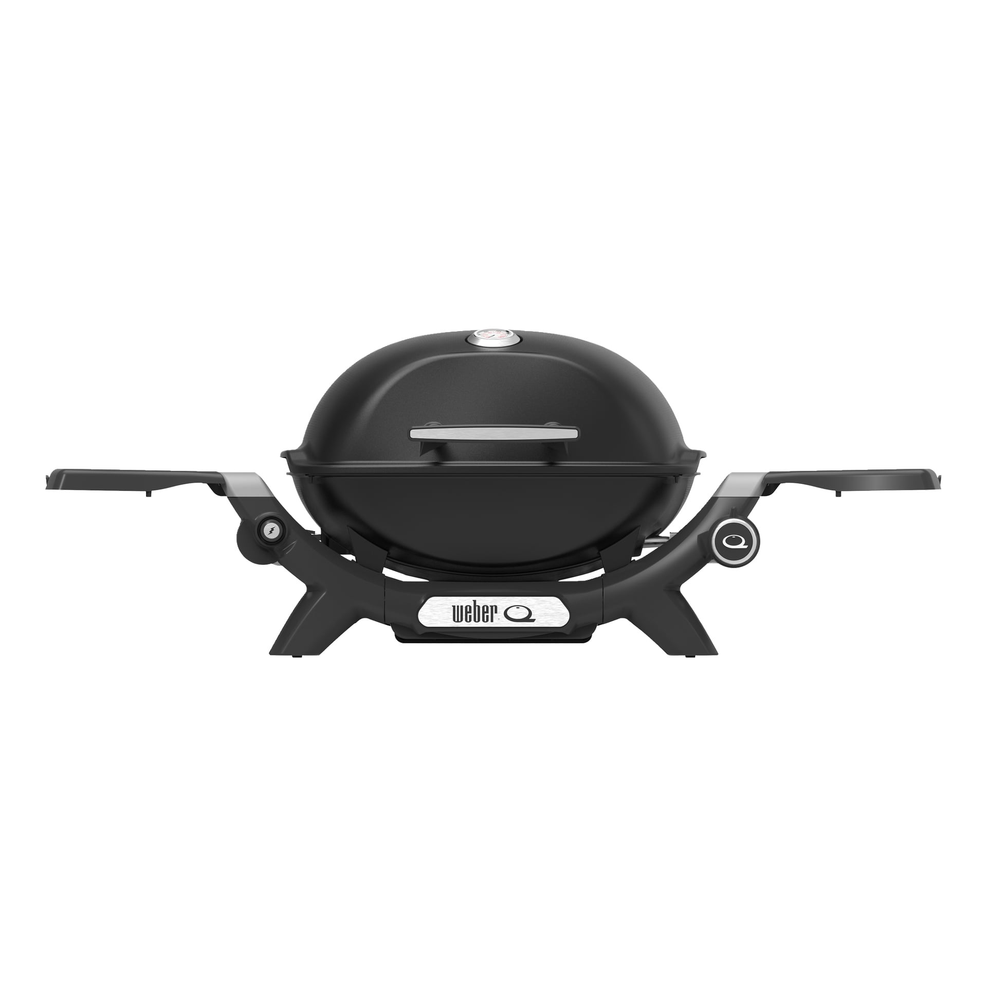 przenośny grill gazowy Weber Q z zaokrągloną pokrywą, dwoma otwartymi stolikami boczymi, termometrem na pokrywę i przednim pokrętłem sterującym.