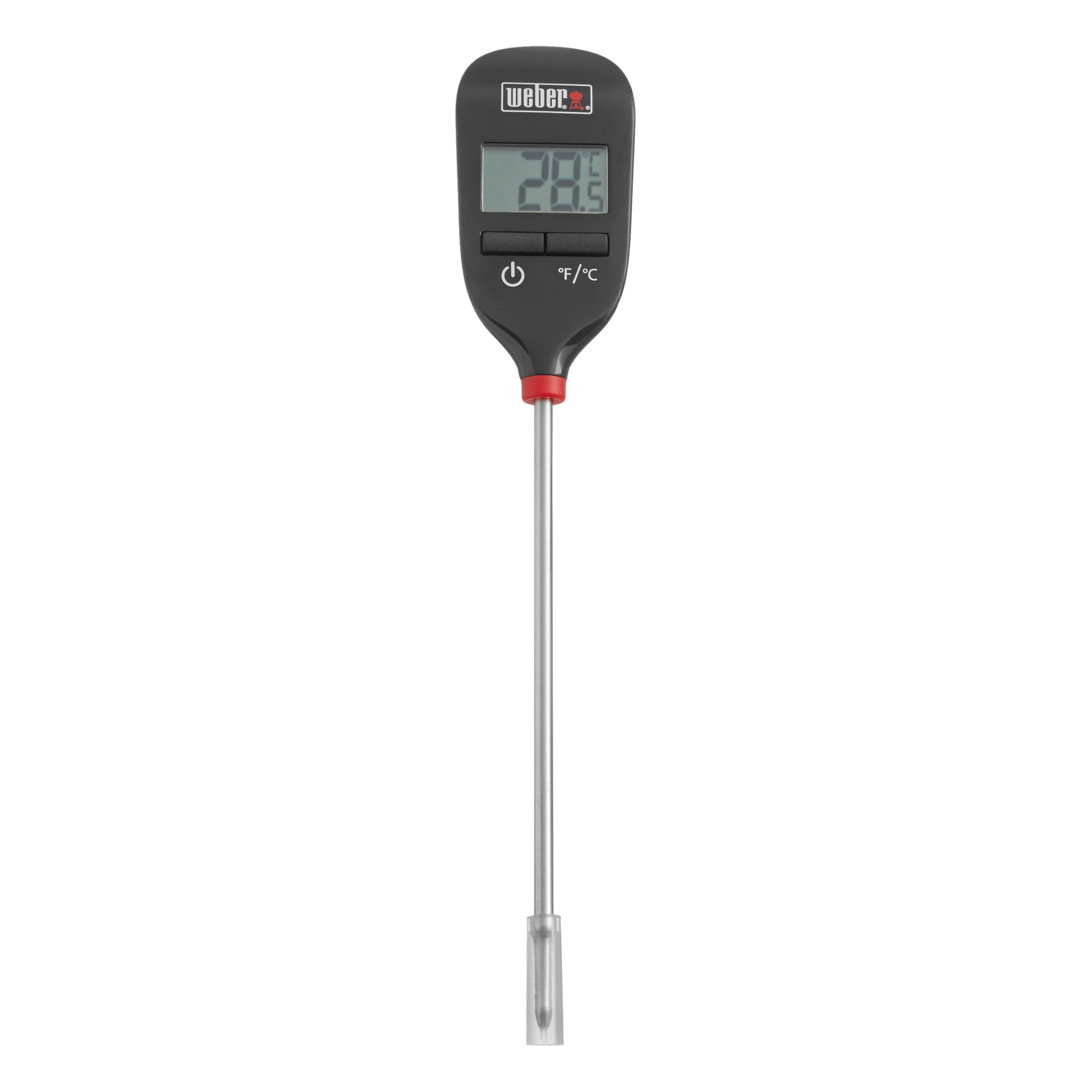 En digital mattermometer med svart topp, display med temperaturavläsning, kontrollknappar, metallprob och Weber-märkning ovanför skärmen.