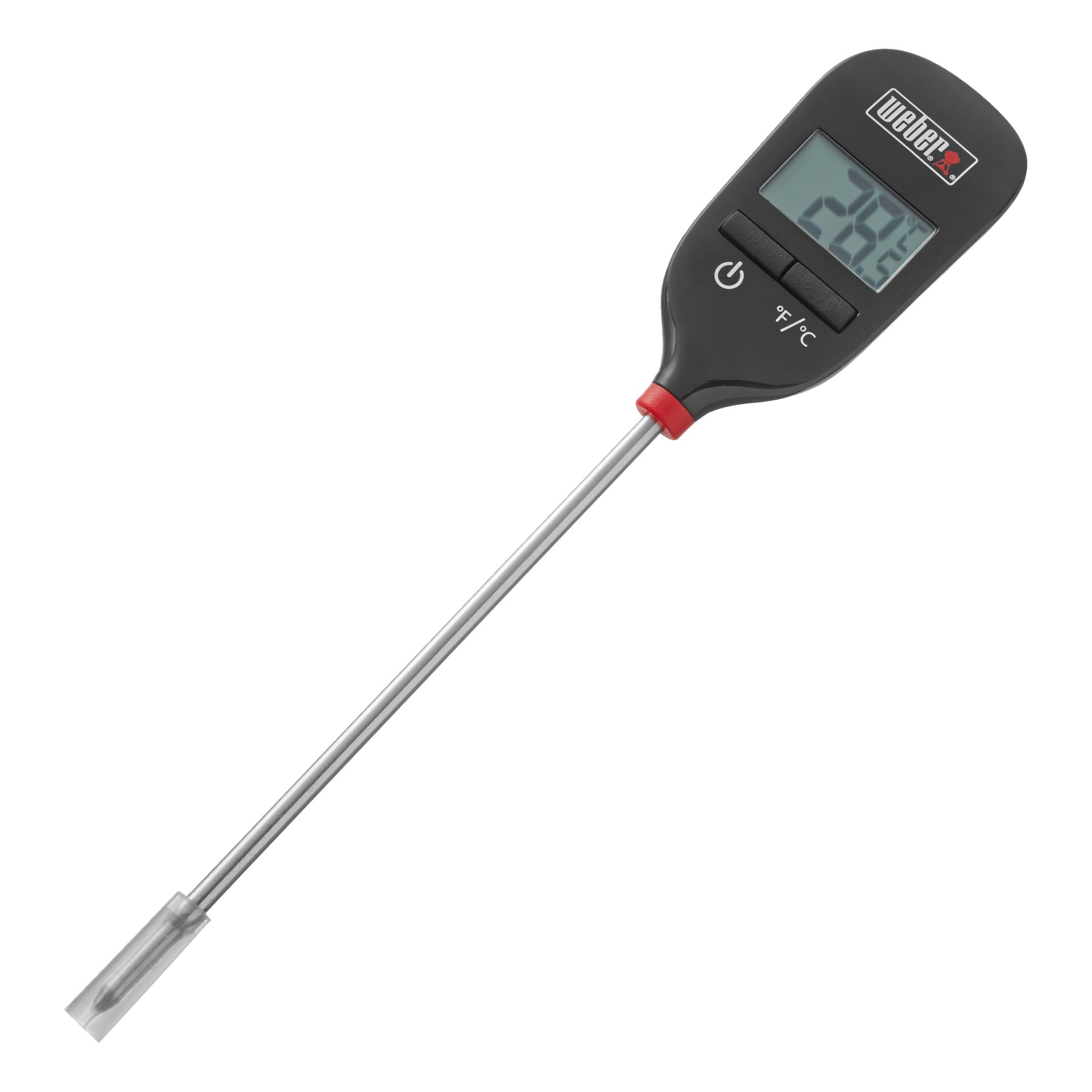 En digital termometer med en lång metallprob, svart plastdisplay som visar 22,5°C och knappar för ström- och enhetsval.