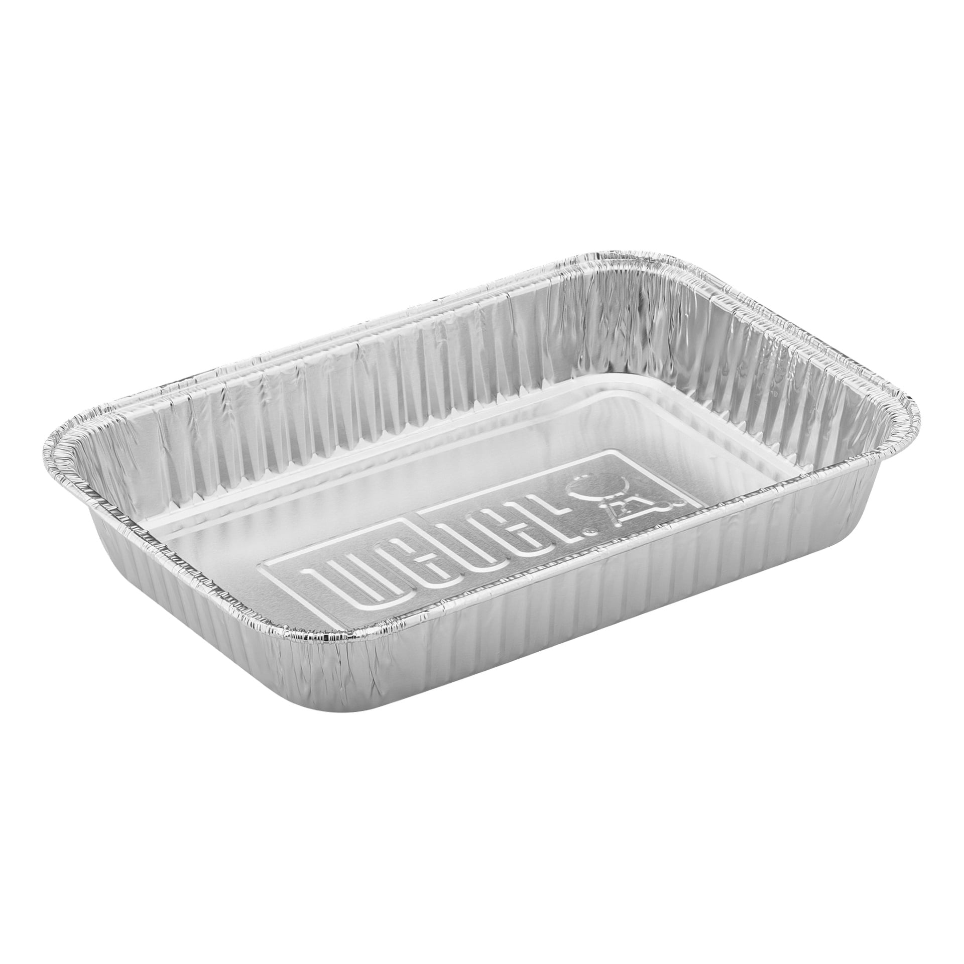 En rektangulär aluminiumfoliebricka med räfflade kanter och "Weber" plus en grilllogga präglad på insidan av botten. Brickan är tom.
