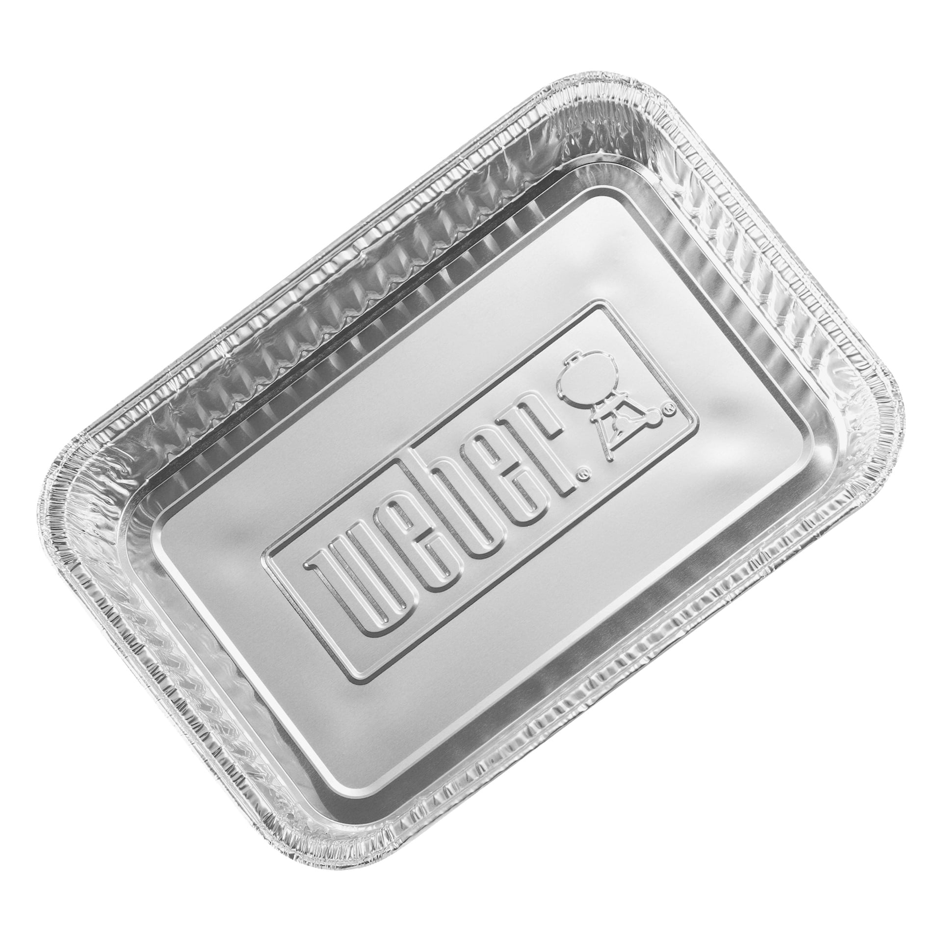 En rektangulär aluminiumbricka med upphöjda kanter och Weber-logotypen tydligt präglad i mitten.