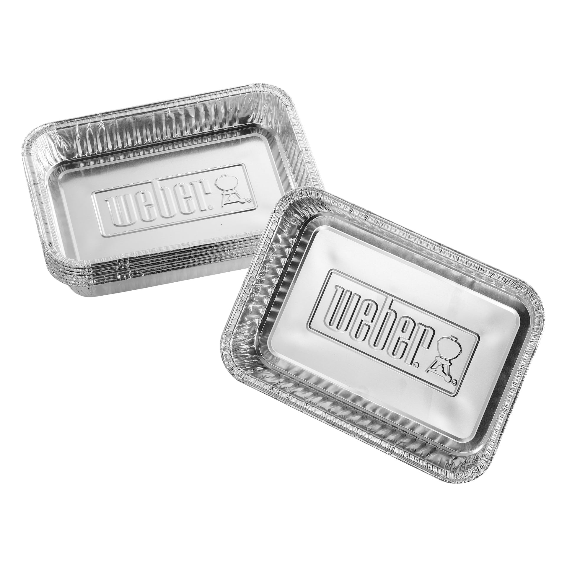 Två rektangulära aluminiumfoliepannor, en inuti den andra, var och en med Weber-logotypen präglad på botten.
