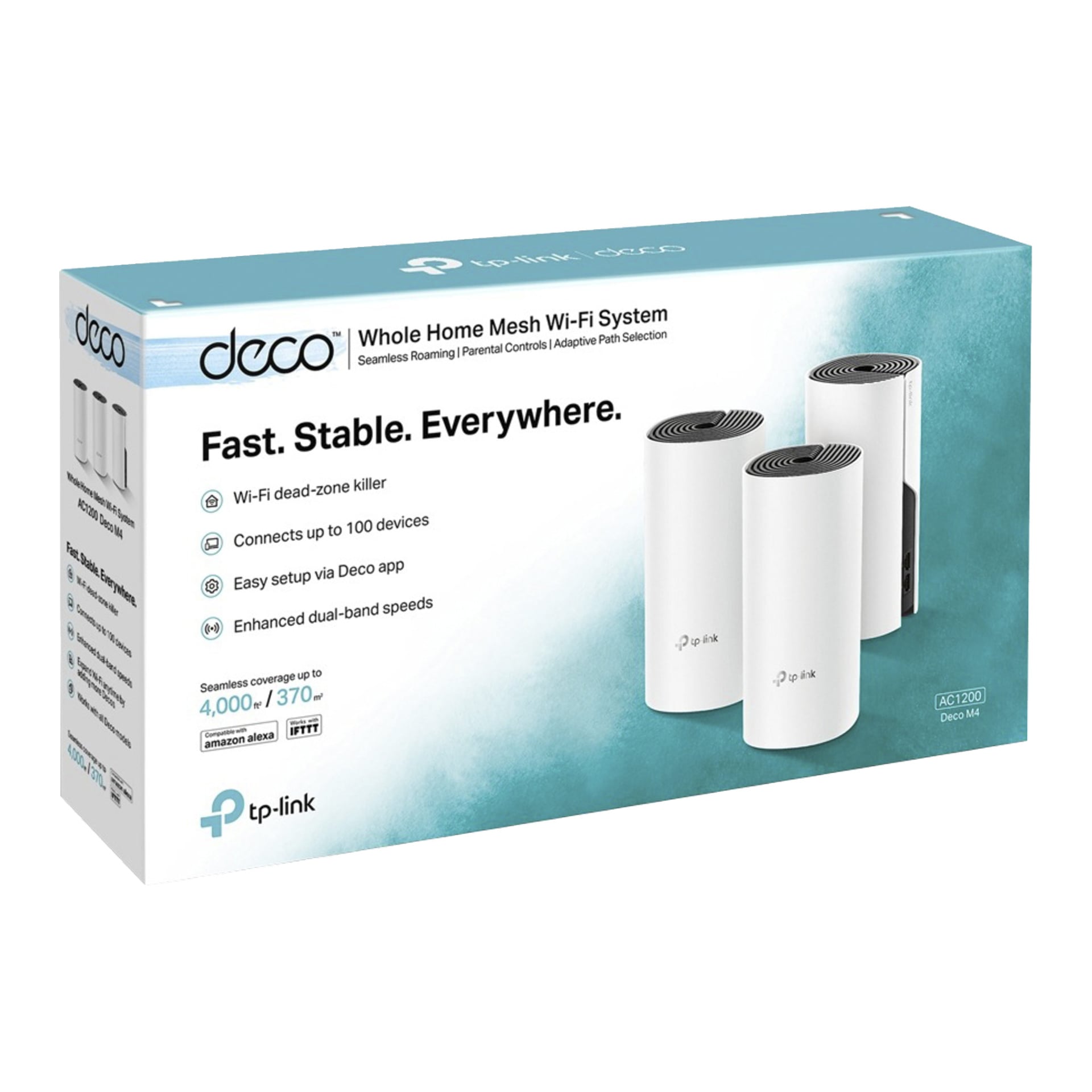 TP-Link Deco M4 mesh Wi-Fi-systemlådan visar tre vita enheter och främjar snabb, bred täckning, stöd för 100 enheter och enkel installation.