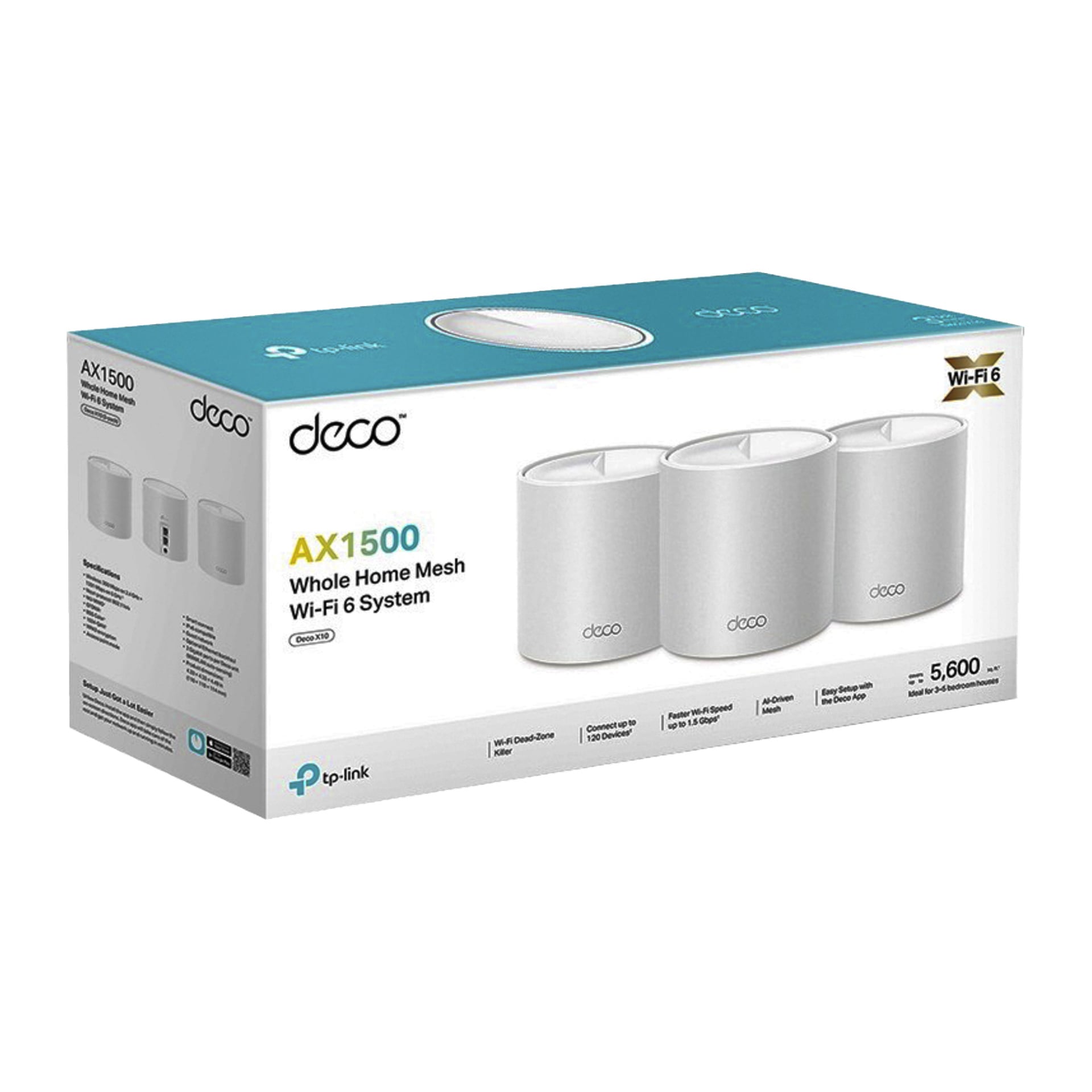 TP-Link Deco AX1500 Whole Home Mesh Wi-Fi 6 System-box med tre vita cylindrar och information om modell, täckning och Wi-Fi 6.